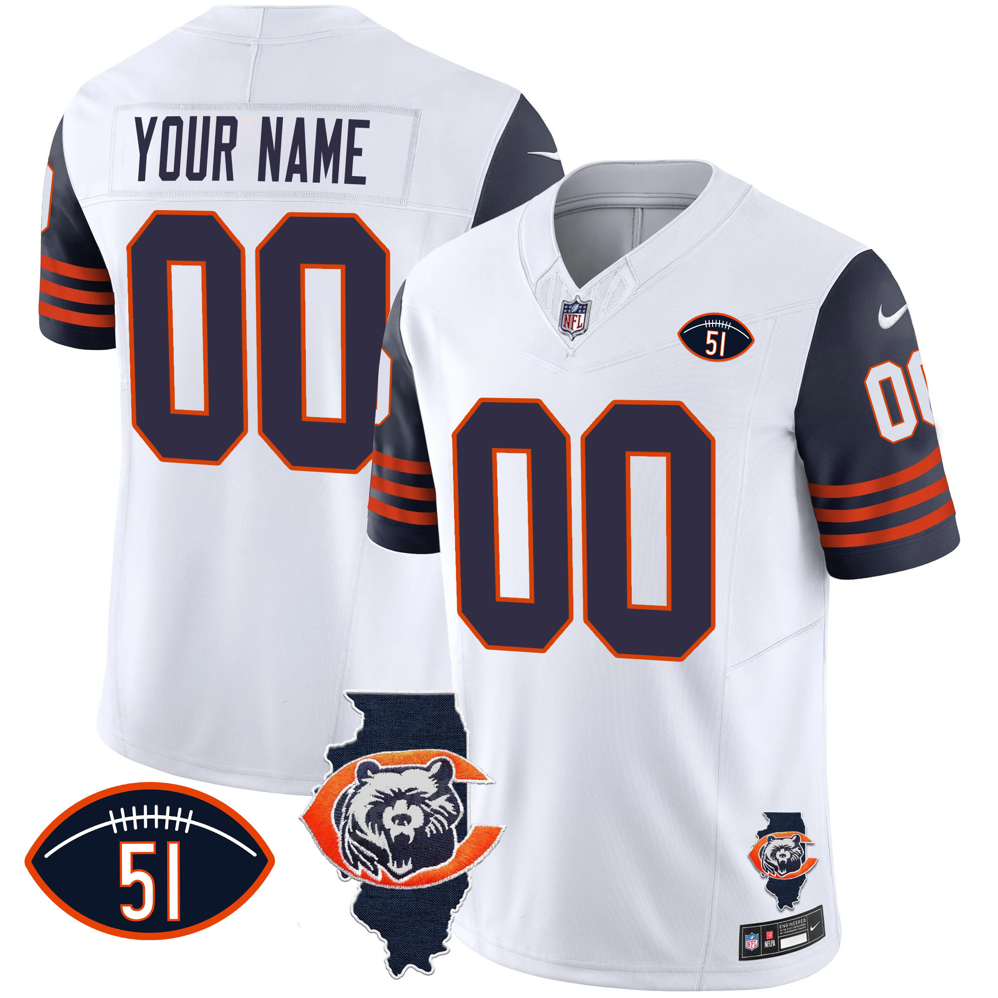 Chicago Bears Throwback Illinois Patch Vapor Custom Navy Sleeves Jersey - All Stitched 