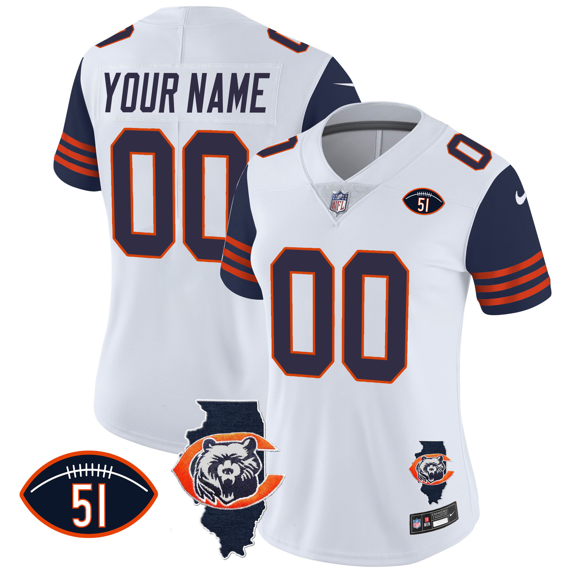 Chicago Bears Throwback Illinois Patch Vapor Custom Navy Sleeves Jersey - All Stitched 