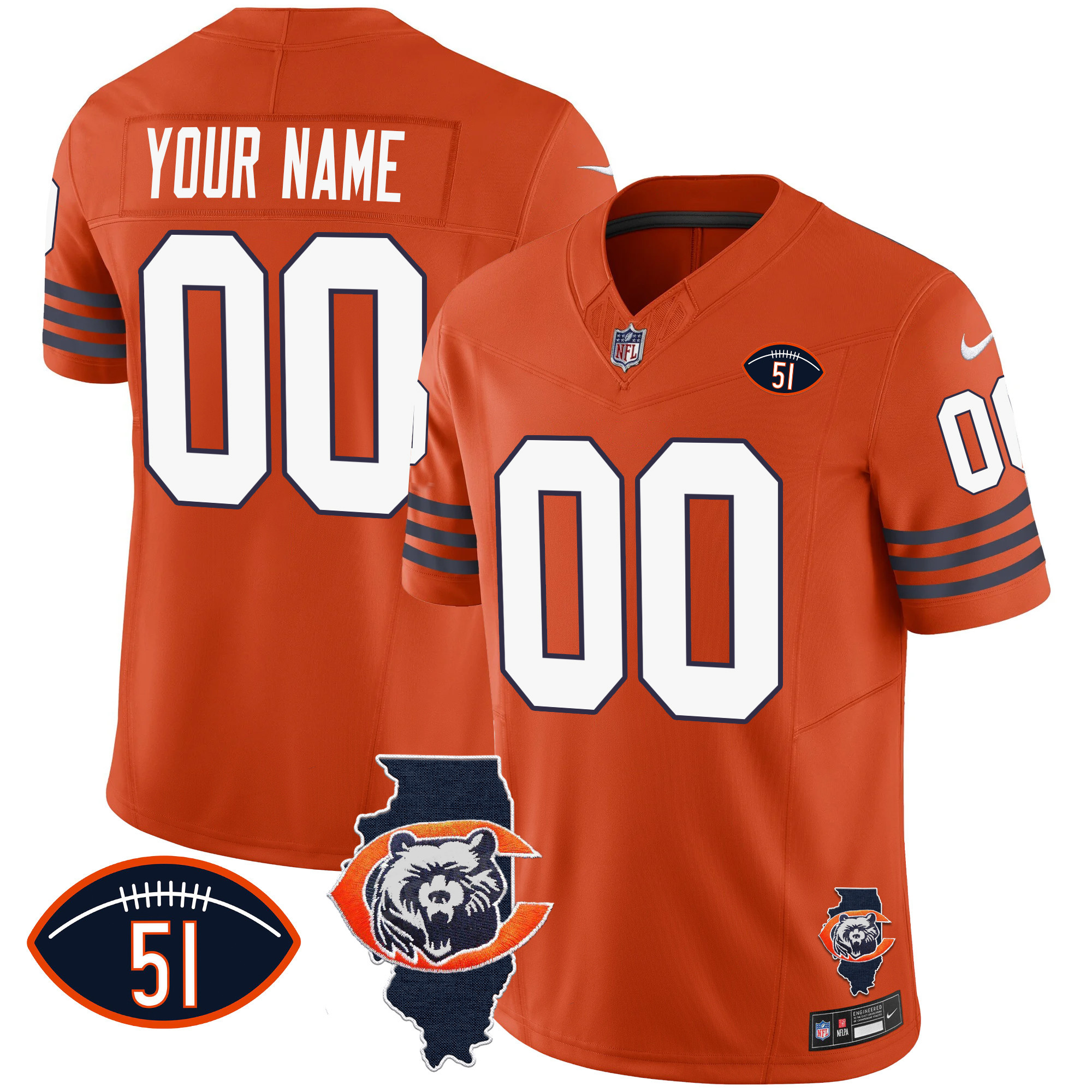 Chicago Bears Throwback Illinois Patch Vapor Custom Orange Jersey - All Stitched 