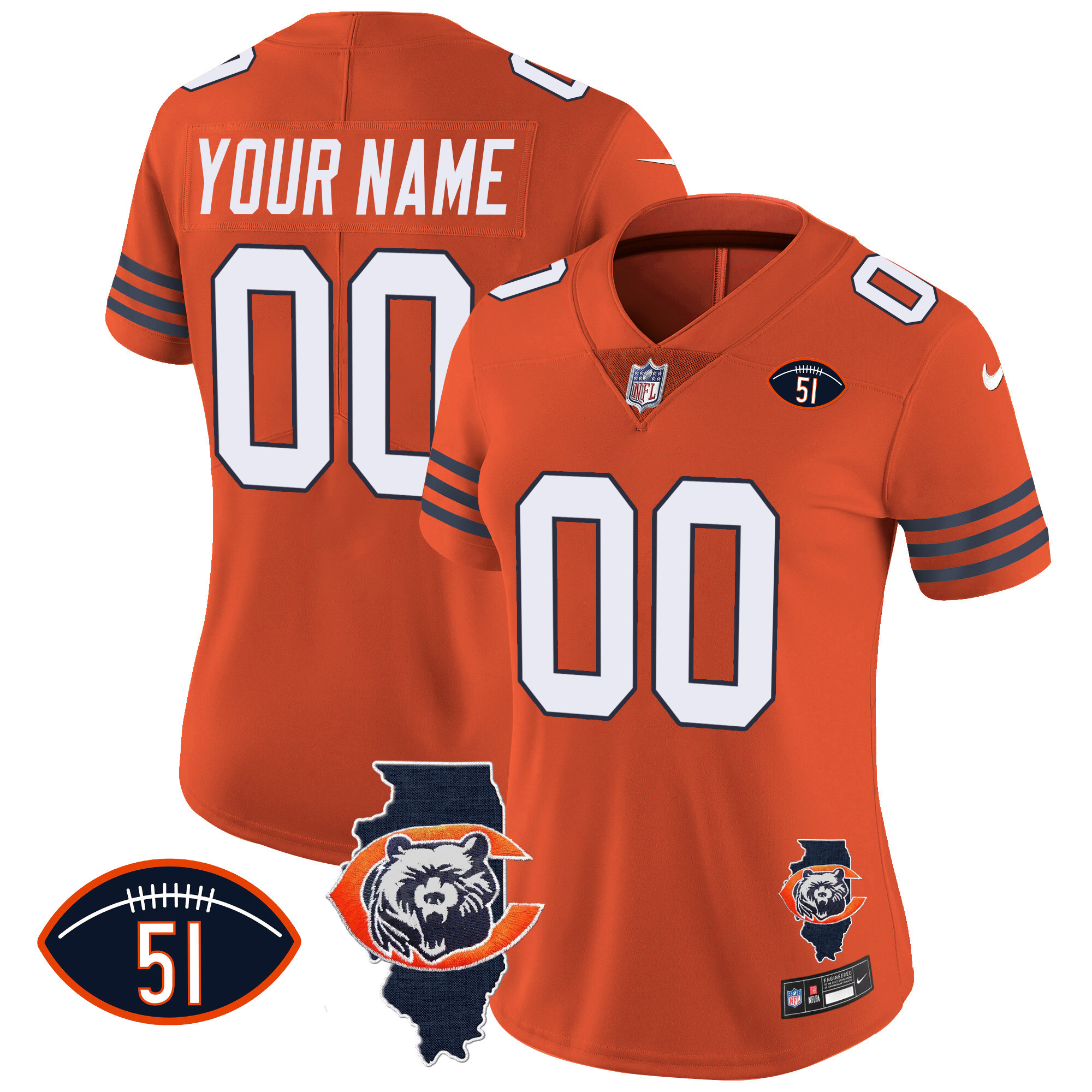 Chicago Bears Throwback Illinois Patch Vapor Custom Orange Jersey - All Stitched 