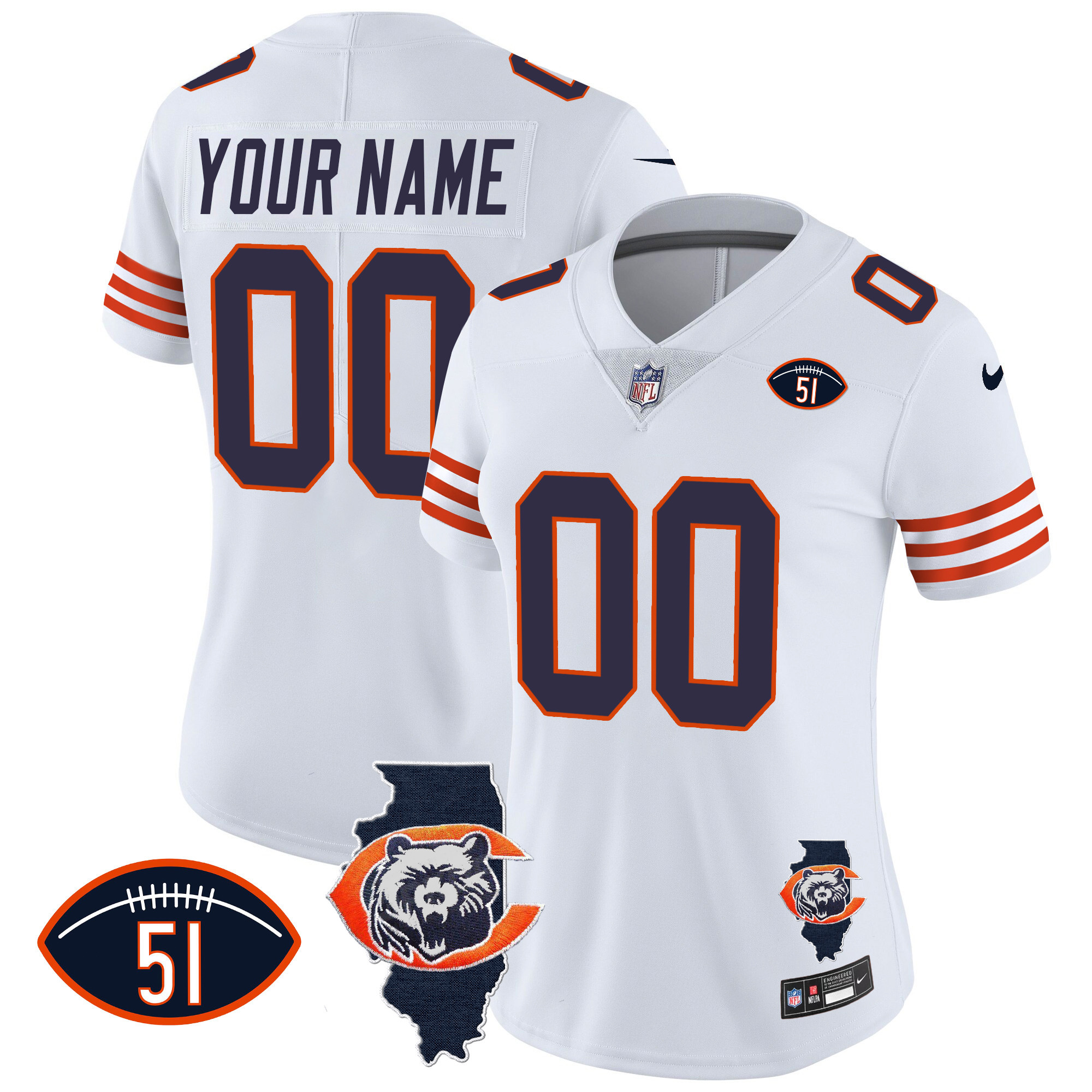 Chicago Bears Throwback Illinois Patch Vapor Custom White Jersey - All Stitched 