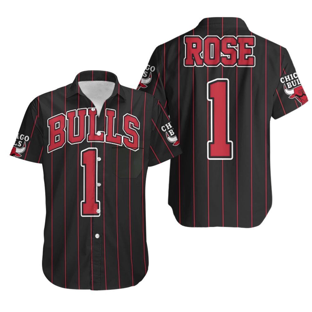 Chicago Bulls Derrick Rose Nba Throwback Red Stripes Black Jersey Inspired Hawaiian Shirt