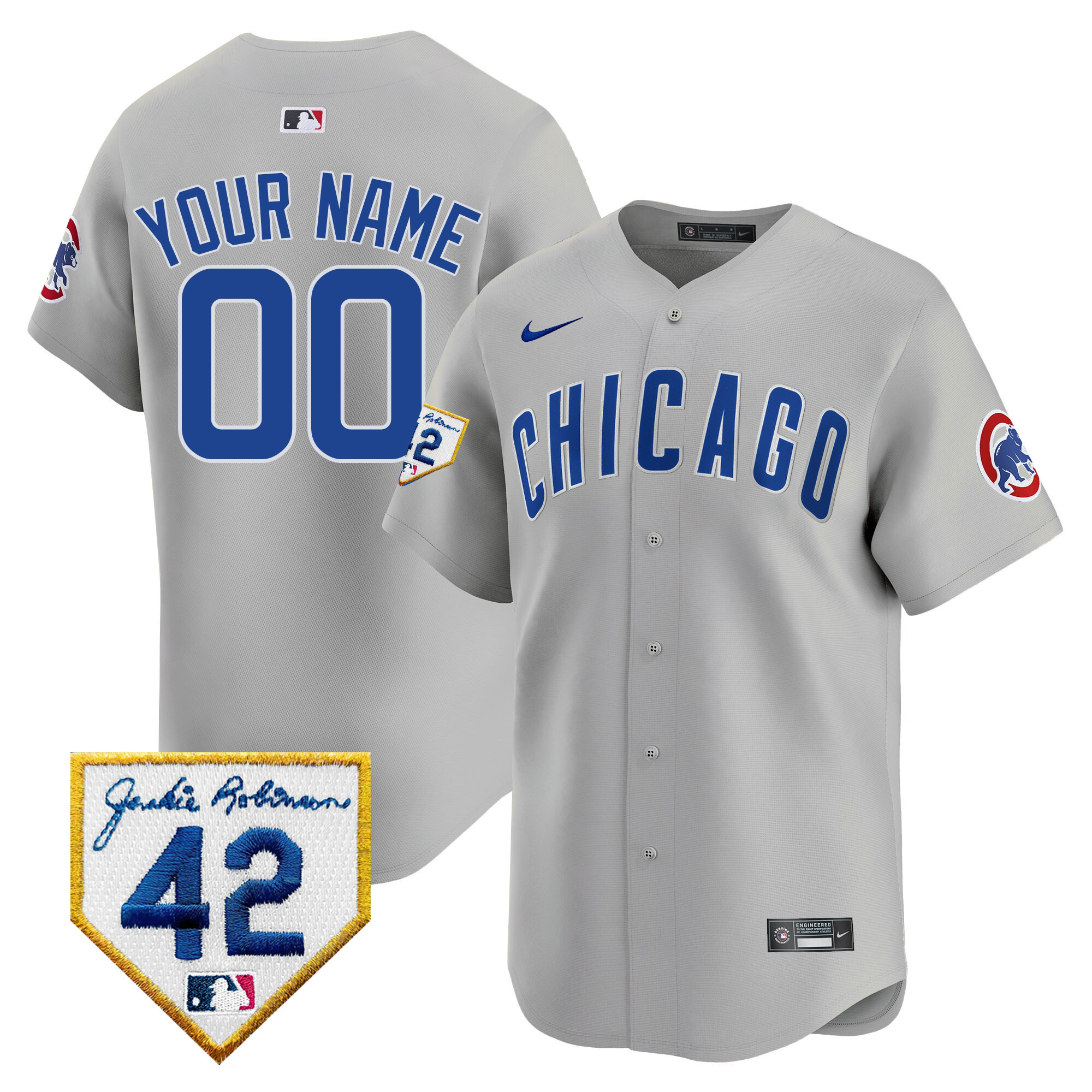 Chicago Cubs 2024 Jackie Robinson Patch Vapor Premier Limited Custom Gray Road Jersey - All Stitched