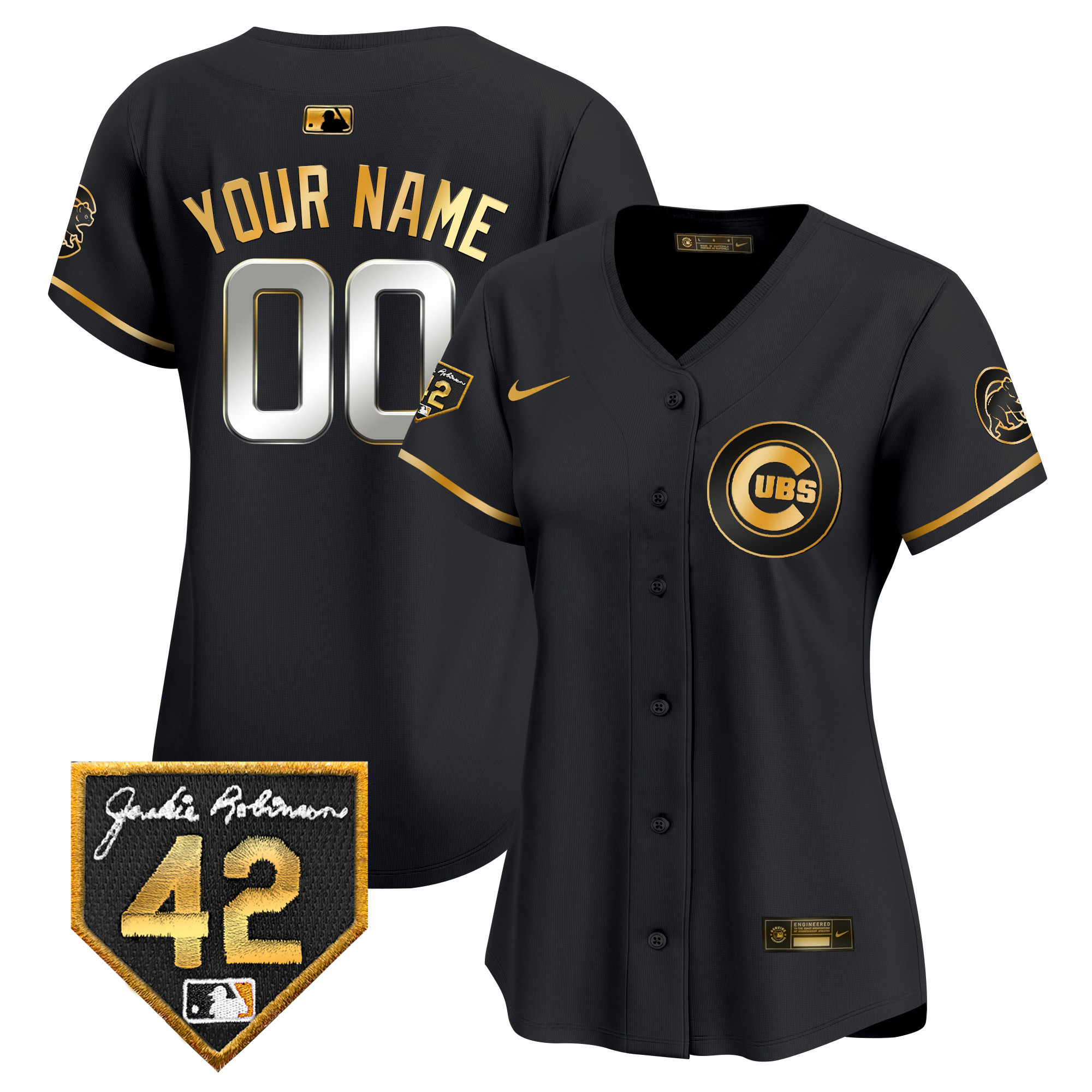 Chicago Cubs 2024 Jackie Robinson Patch Vapor Premier Limited Custom V2 Black Gold Jersey - All Stitched