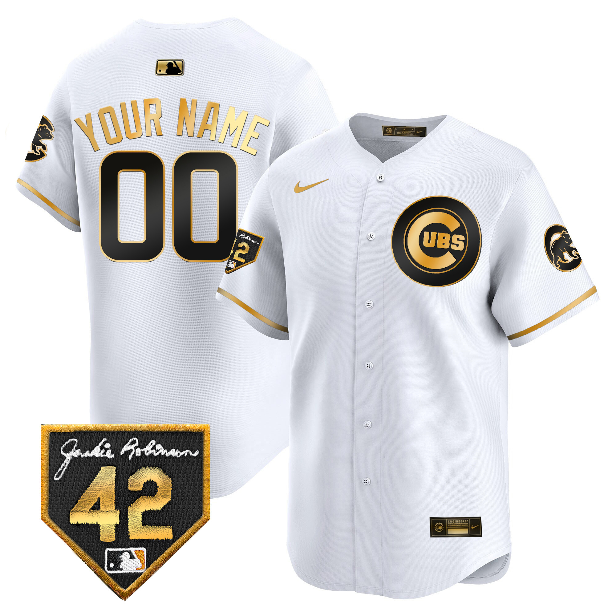 Chicago Cubs 2024 Jackie Robinson Patch Vapor Premier Limited Custom V2 White Gold Jersey - All Stitched