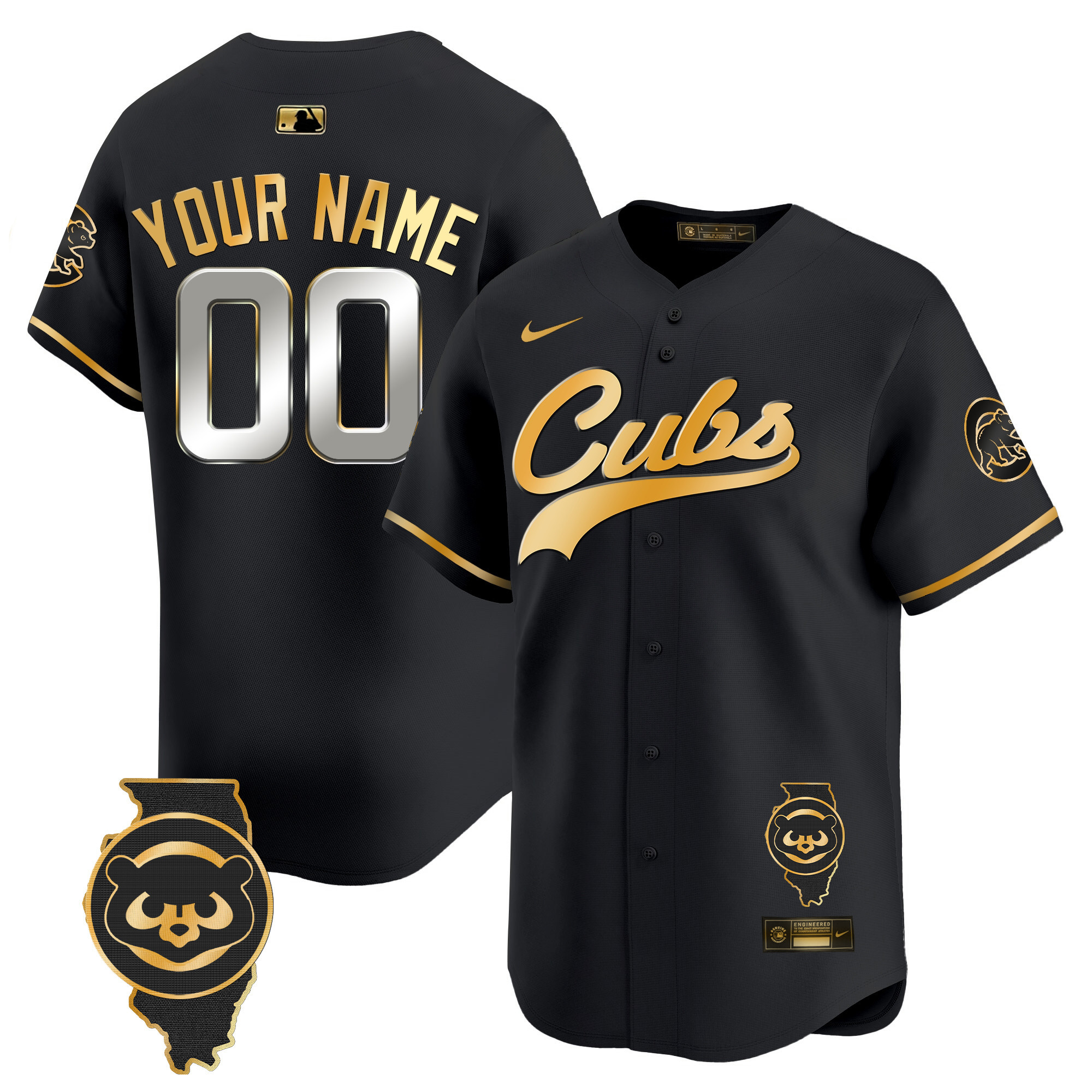 Chicago Cubs Illinois Patch Vapor Premier Limited Custom Black Gold Jersey - All Stitched