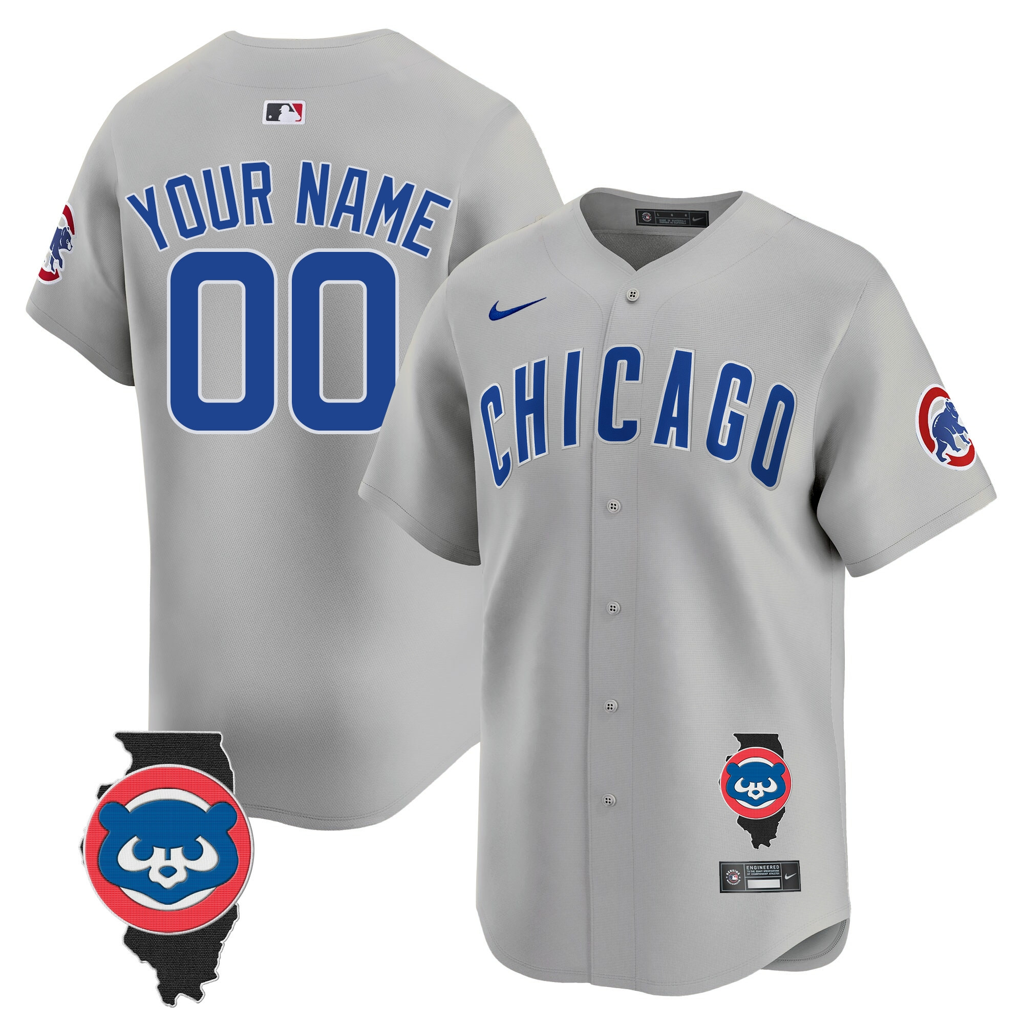 Chicago Cubs Illinois Patch Vapor Premier Limited Custom V2 Gray Road Jersey - All Stitched