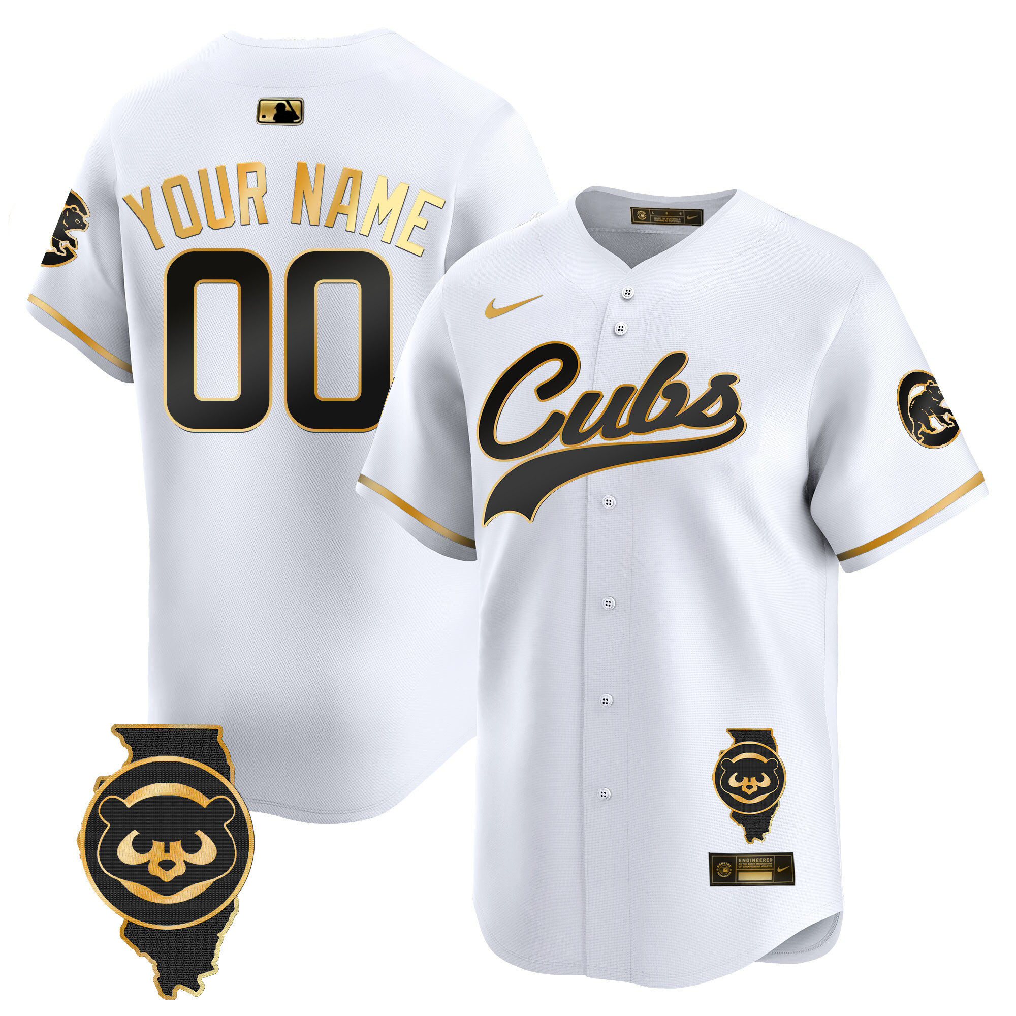 Chicago Cubs Illinois Patch Vapor Premier Limited Custom White Gold Jersey - All Stitched