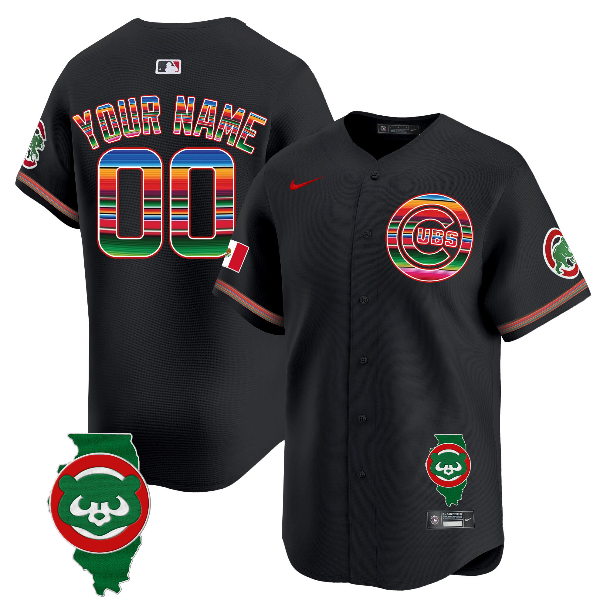 Chicago Cubs Mexico Illinois Patch Vapor Premier Limited Custom Black Jersey - All Stitched