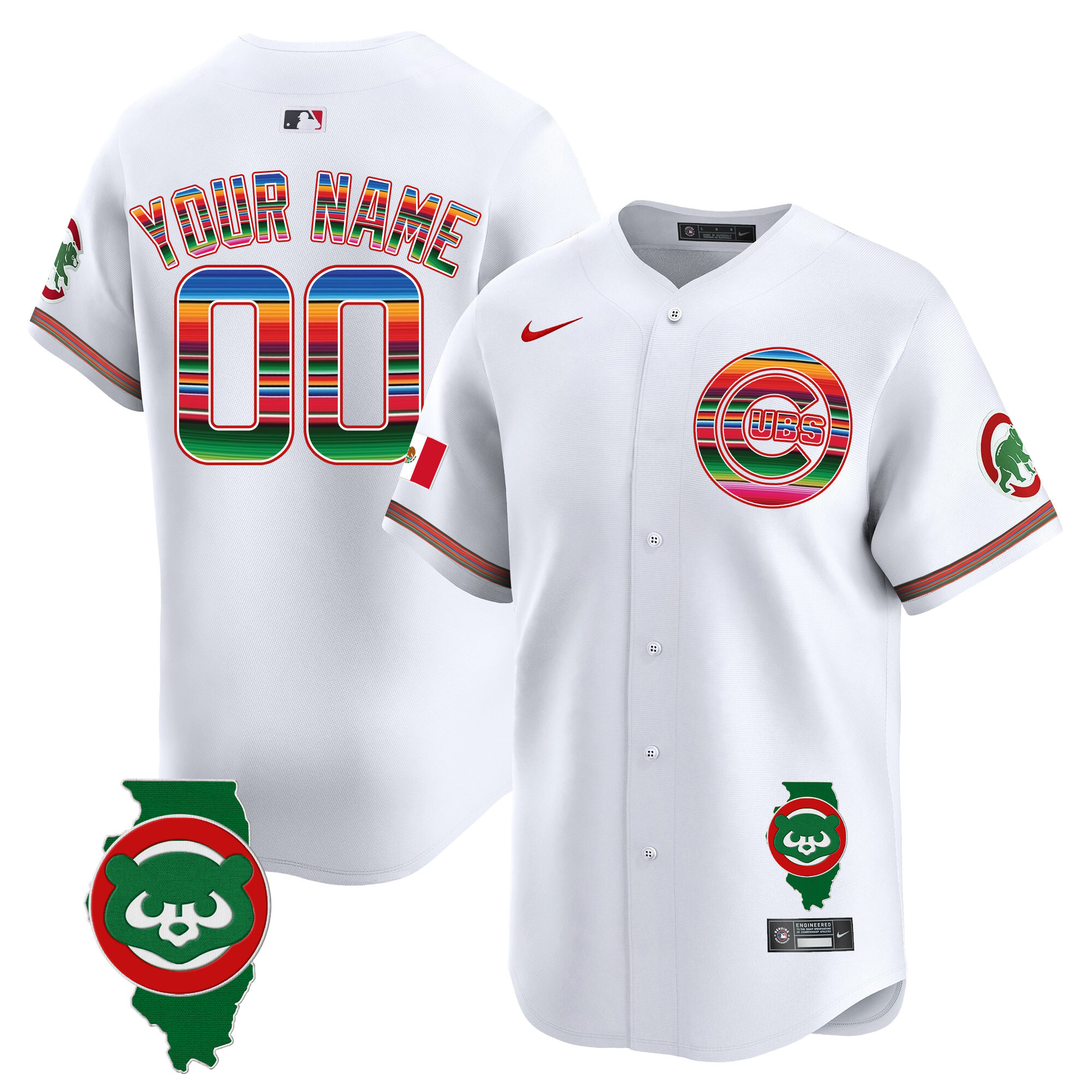 Chicago Cubs Mexico Illinois Patch Vapor Premier Limited Custom White Jersey - All Stitched