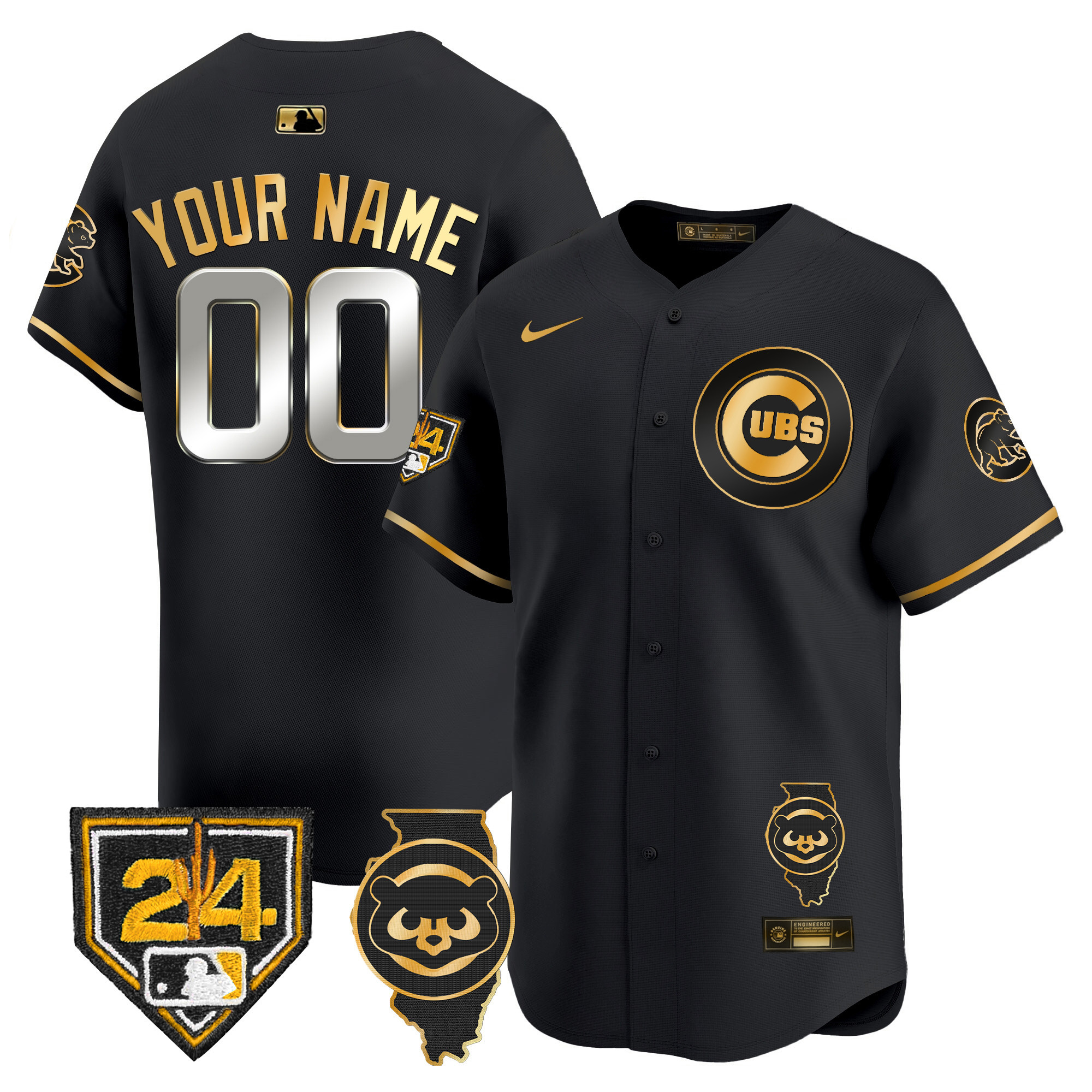Chicago Cubs Spring Training & Illinois Patch Vapor Premier Limited Custom Black Gold Jersey - All Stitched
