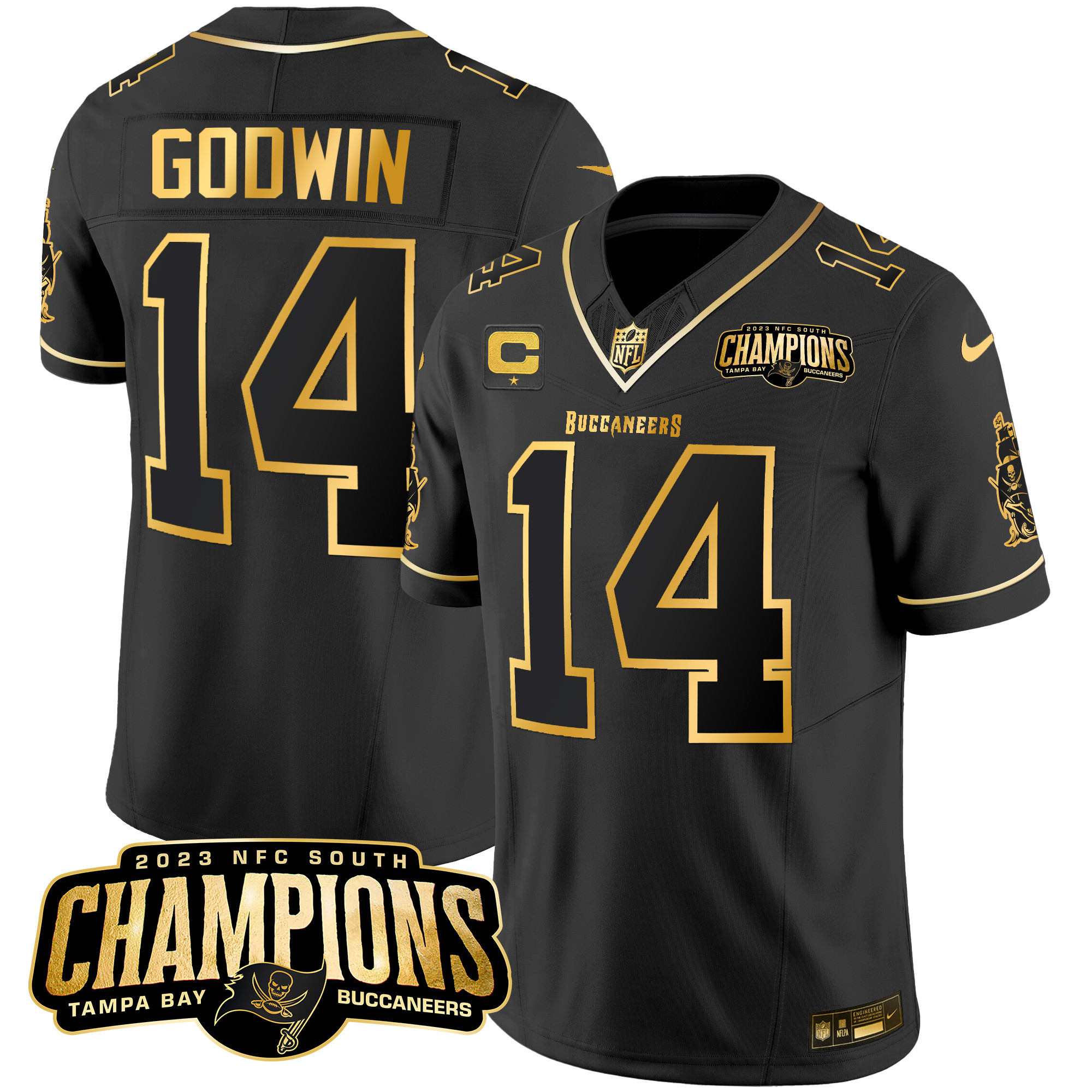 Chris Godwin Men's Tampa Bay Buccaneers 2023 NFC South Champions Patch Gold Vapor Black Gold Jersey - All Stitched 