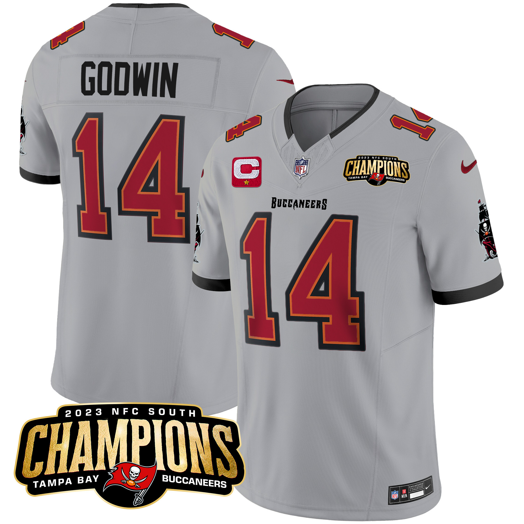 Chris Godwin Men's Tampa Bay Buccaneers 2023 NFC South Champions Patch Vapor Gray Jersey - All Stitched 