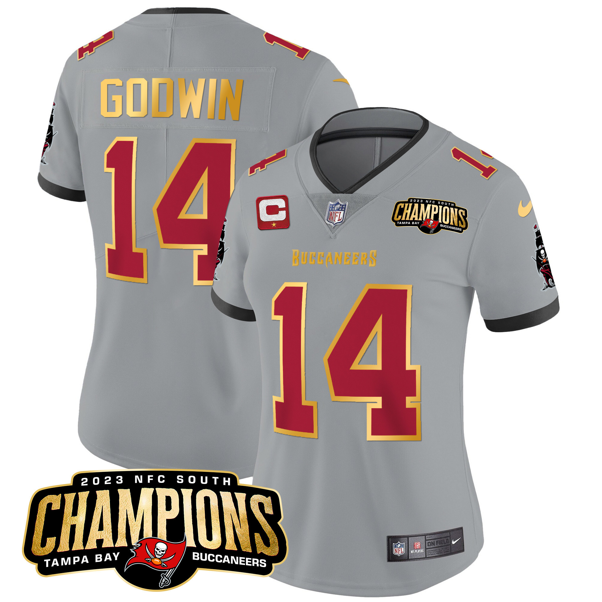 Chris Godwin Women's Tampa Bay Buccaneers 2023 NFC South Champions Patch Gold Trim Vapor Gray Jersey - All Stitched 