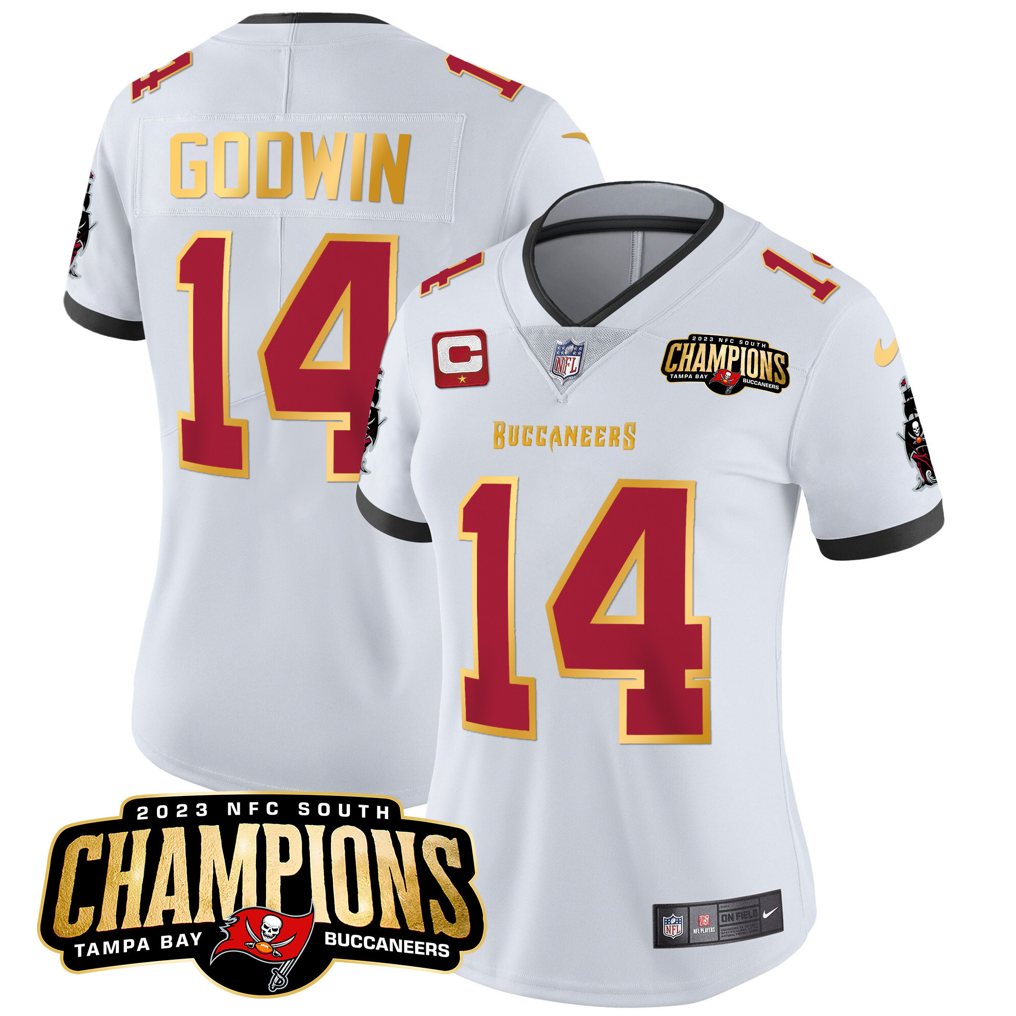 Chris Godwin Women's Tampa Bay Buccaneers 2023 NFC South Champions Patch Gold Trim Vapor White Jersey - All Stitched 