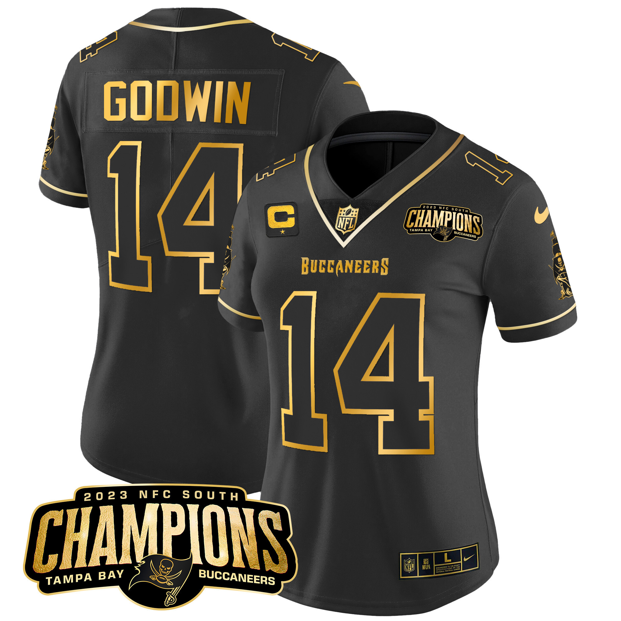 Chris Godwin Women's Tampa Bay Buccaneers 2023 NFC South Champions Patch Gold Vapor Black Gold Jersey - All Stitched 