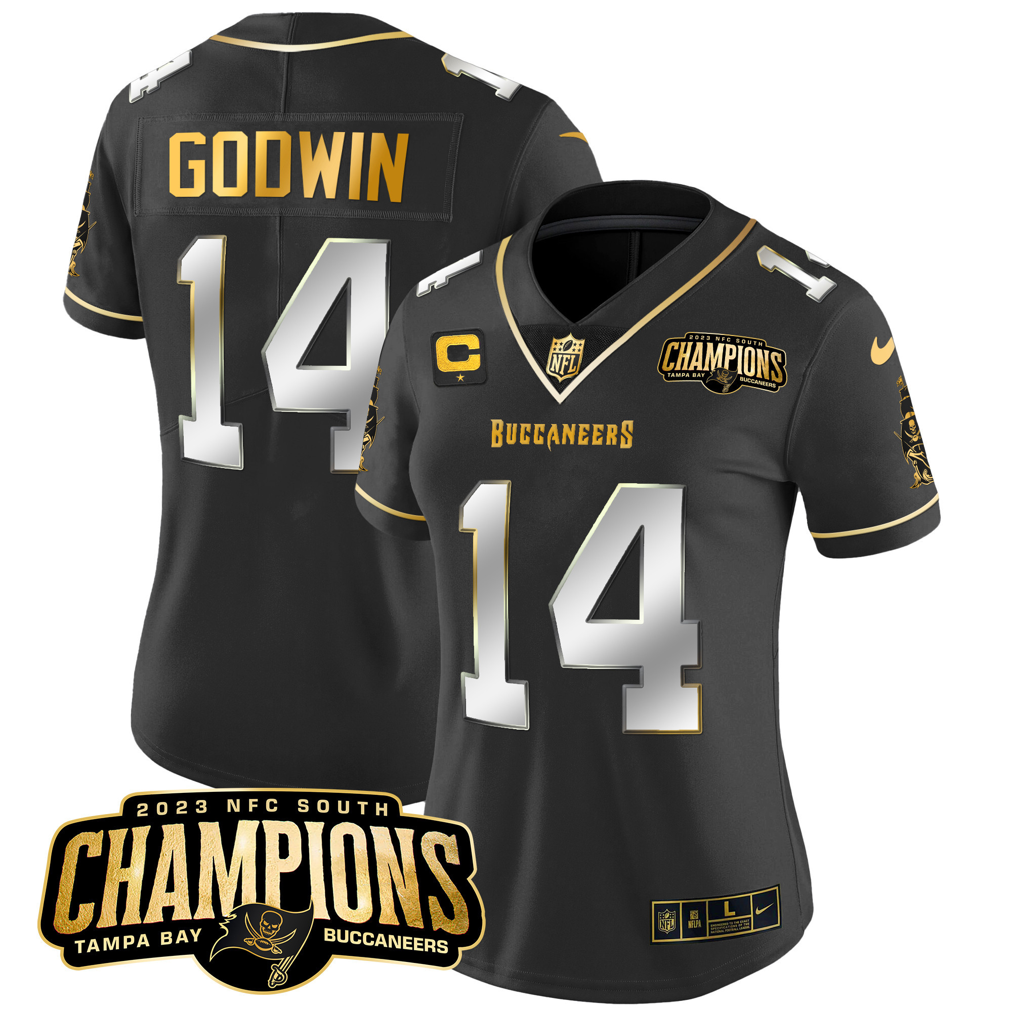 Chris Godwin Women's Tampa Bay Buccaneers 2023 NFC South Champions Patch Gold Vapor Black Limited Jersey - All Stitched 