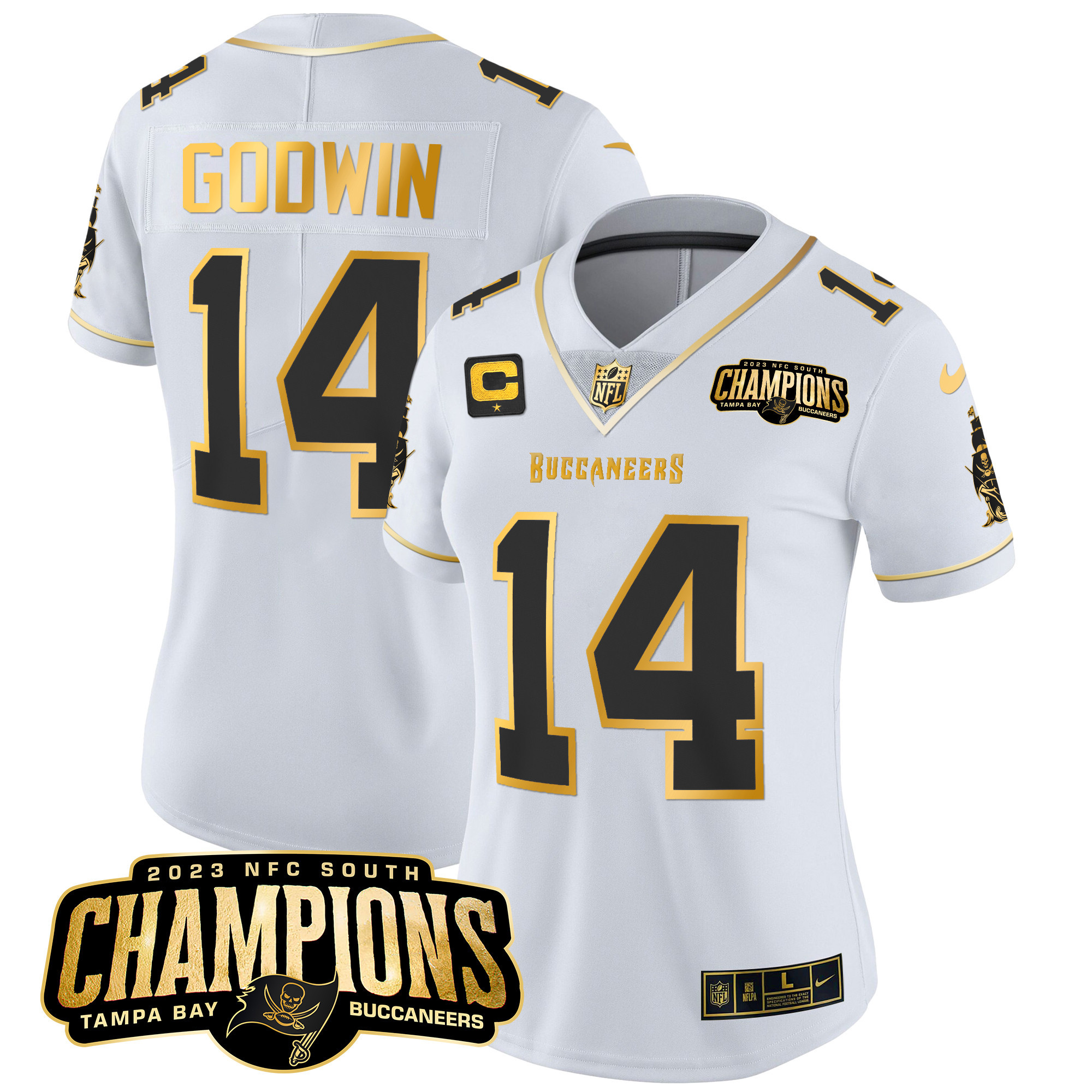 Chris Godwin Women's Tampa Bay Buccaneers 2023 NFC South Champions Patch Gold Vapor White Gold Jersey - All Stitched 