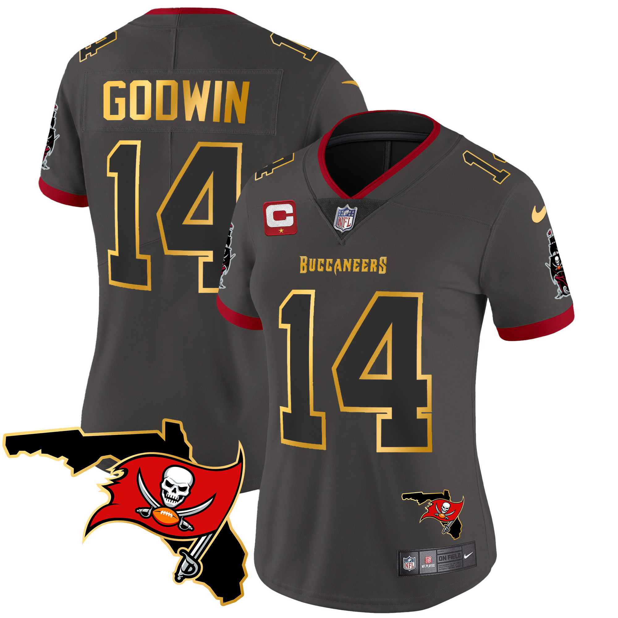 Chris Godwin Women's Tampa Bay Buccaneers Florida Patch Gold Trim Vapor Pewter Jersey - All Stitched 