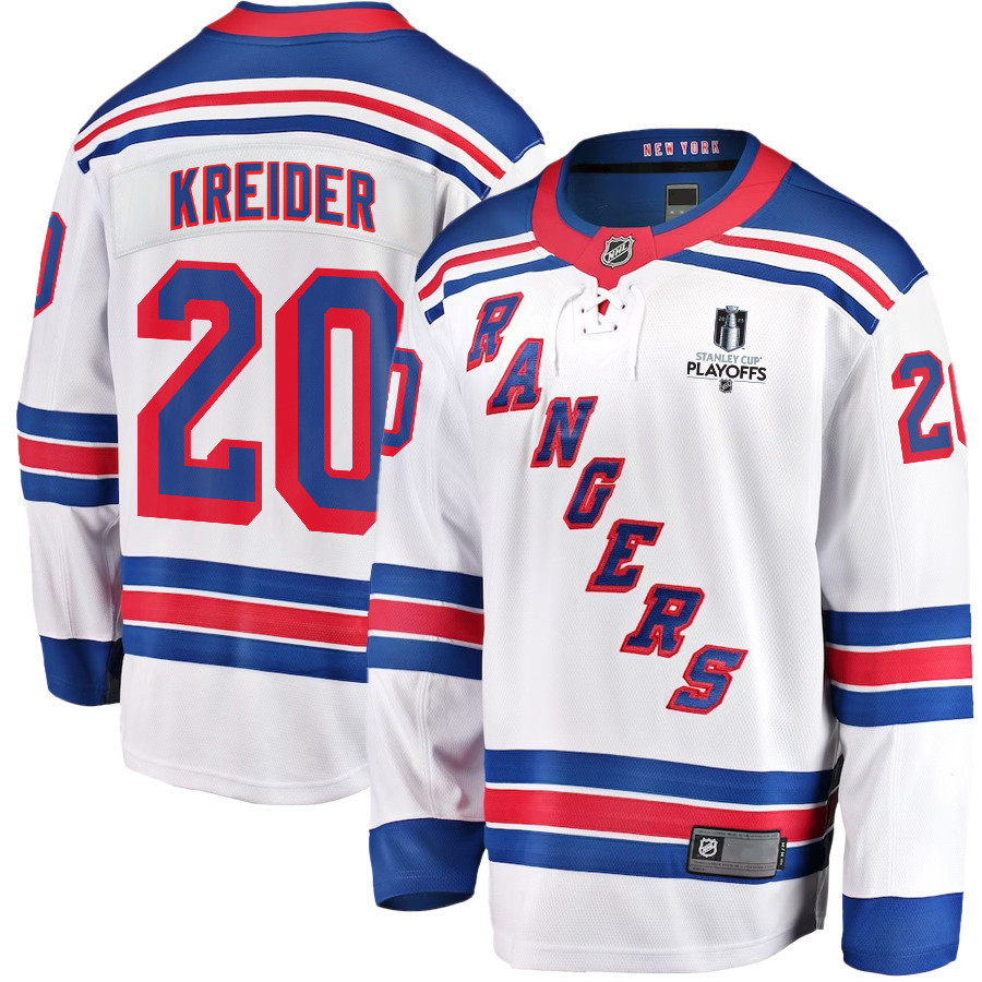 Chris Kreider 20 New York Rangers Stanley Cup 2023 Playoffs Patch Away Breakaway Men Stitched Jersey – White