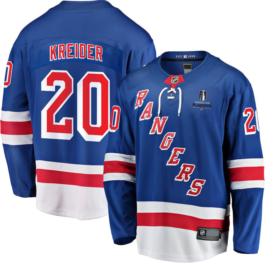 Chris Kreider 20 New York Rangers Stanley Cup 2023 Playoffs Patch Home Breakaway Men Stitched Jersey – Blue