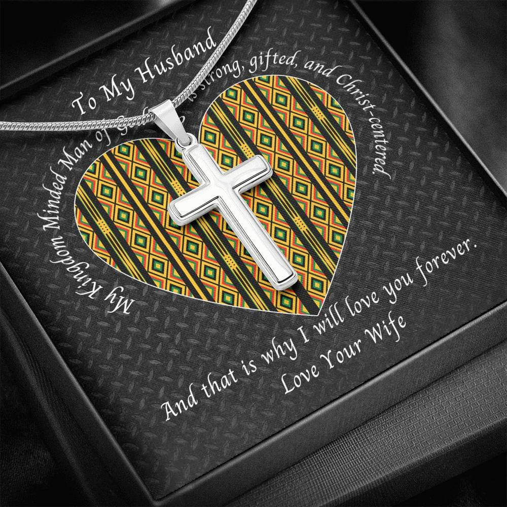 Christ-Centered Husband Cross Necklace With Kente Heart Card