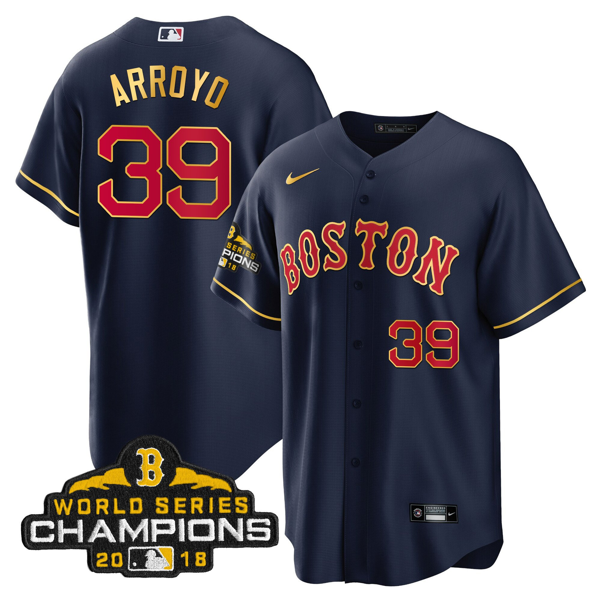 Christian Arroyo Men Boston Red Sox World Series Champion 2018 Gold Cool Navy Jersey - All Stitched