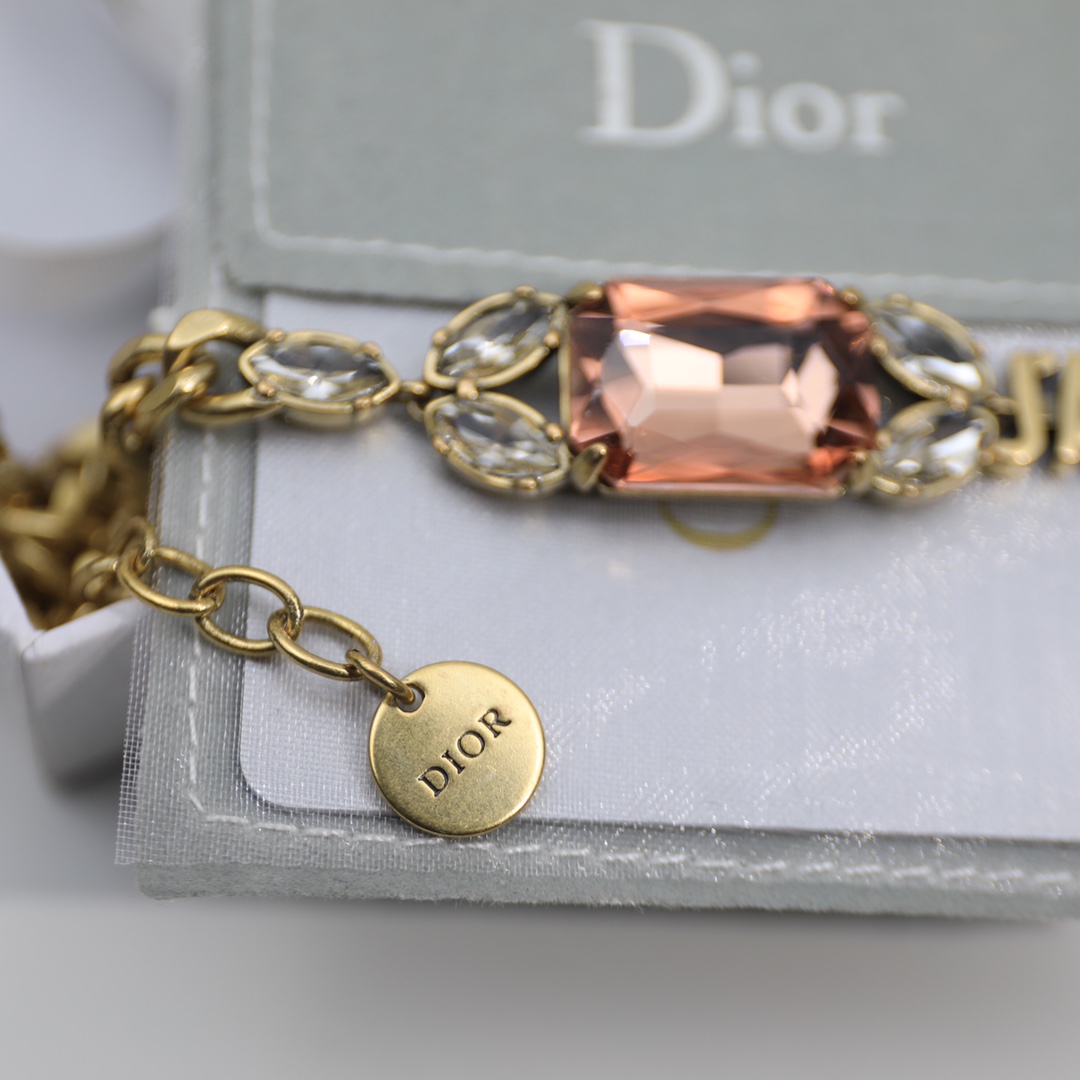 Christian Dior Big Rectangle Twinkle Stone Chain Bracelet Gold Tone For Women