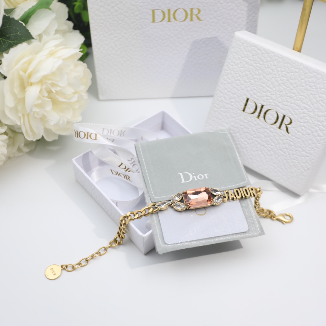 Christian Dior Big Rectangle Twinkle Stone Chain Bracelet Gold Tone For Women