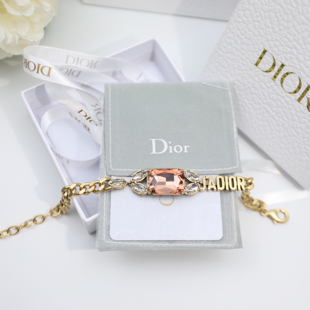 Christian Dior Big Rectangle Twinkle Stone Chain Bracelet Gold Tone For Women