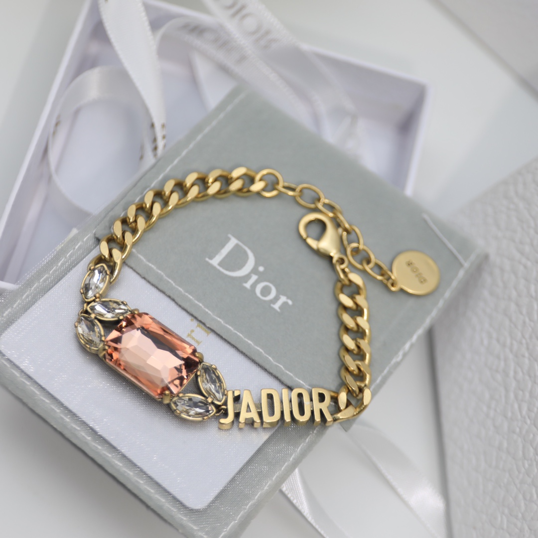 Christian Dior Big Rectangle Twinkle Stone Chain Bracelet Gold Tone For Women