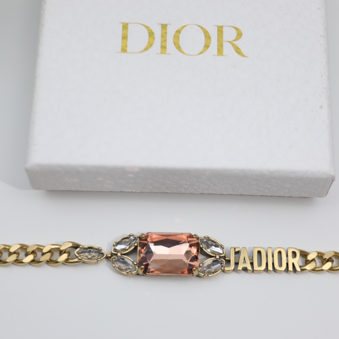 Christian Dior Big Rectangle Twinkle Stone Chain Bracelet Gold Tone For Women