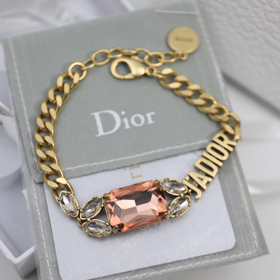 Christian Dior Big Rectangle Twinkle Stone Chain Bracelet Gold Tone For Women