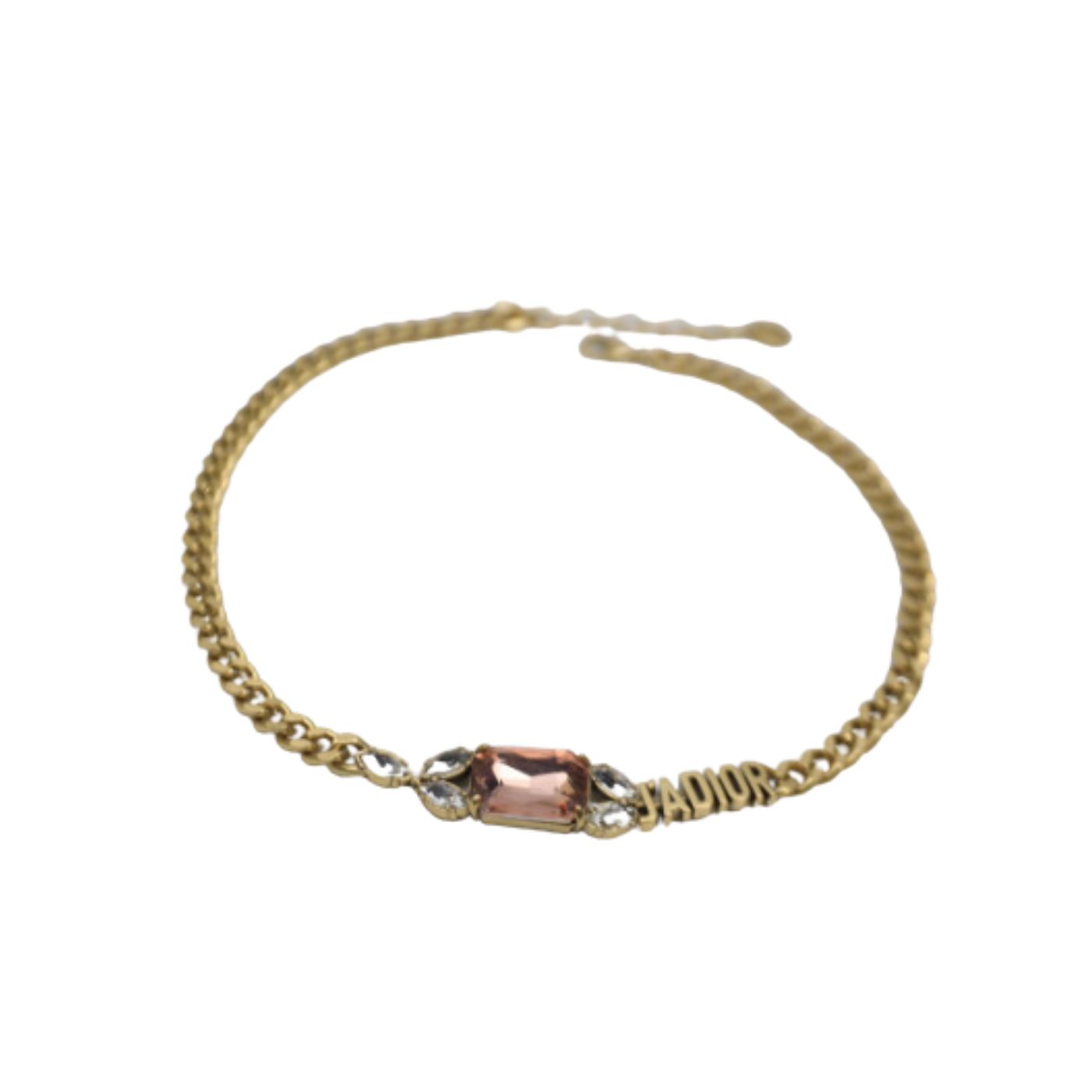 Christian Dior Big Rectangle Twinkle Stone Chain Necklace Gold Tone For Women