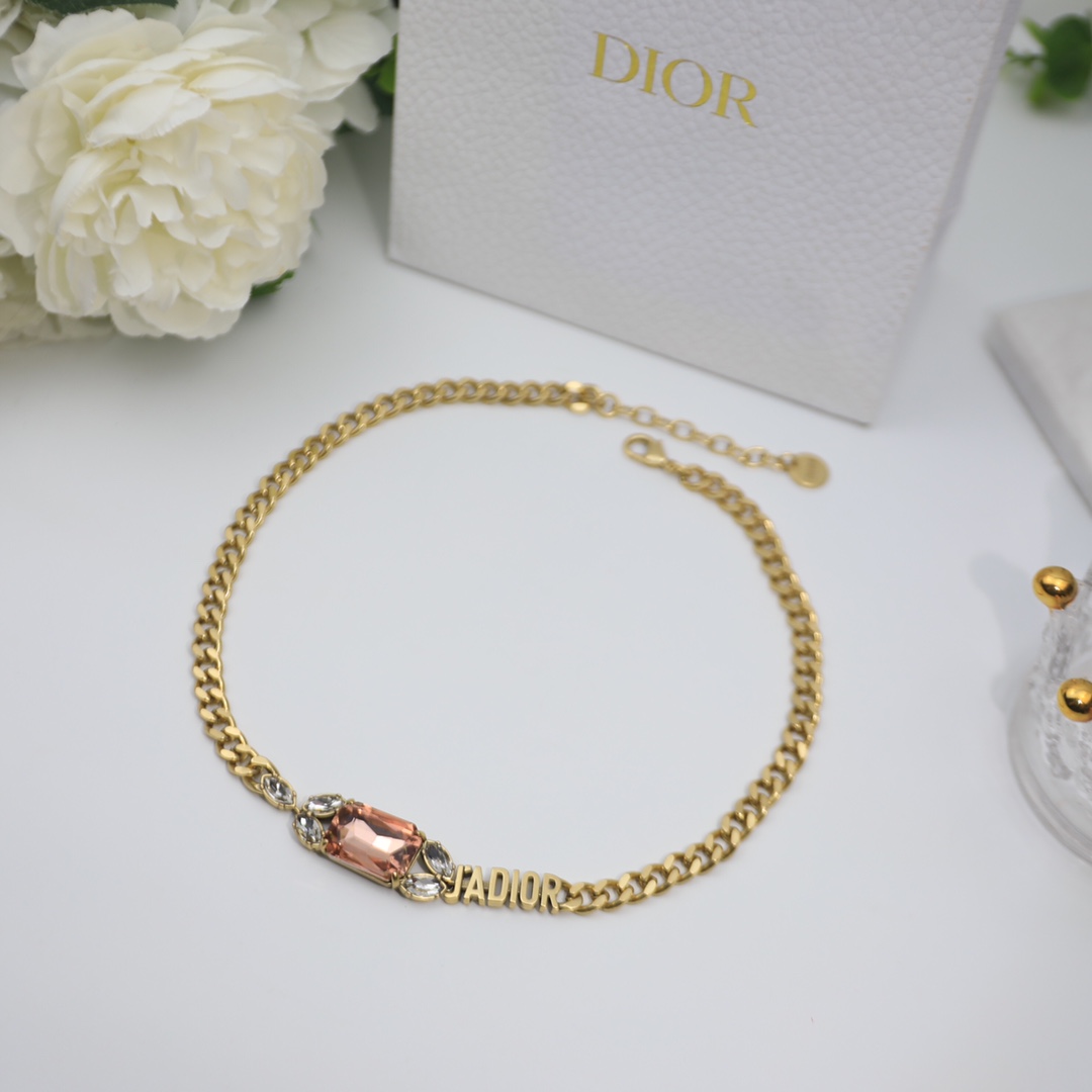 Christian Dior Big Rectangle Twinkle Stone Chain Necklace Gold Tone For Women