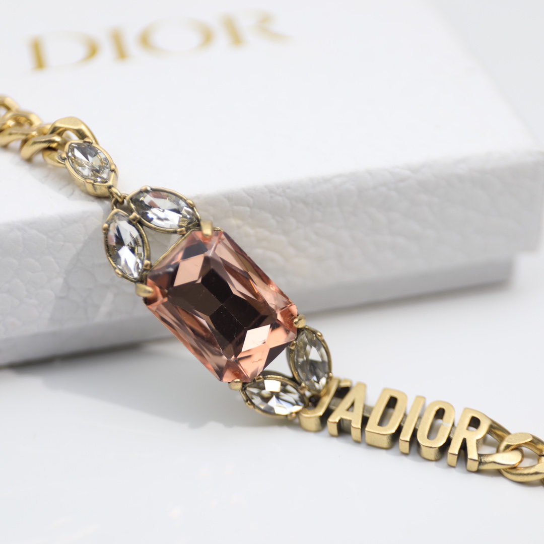 Christian Dior Big Rectangle Twinkle Stone Chain Necklace Gold Tone For Women