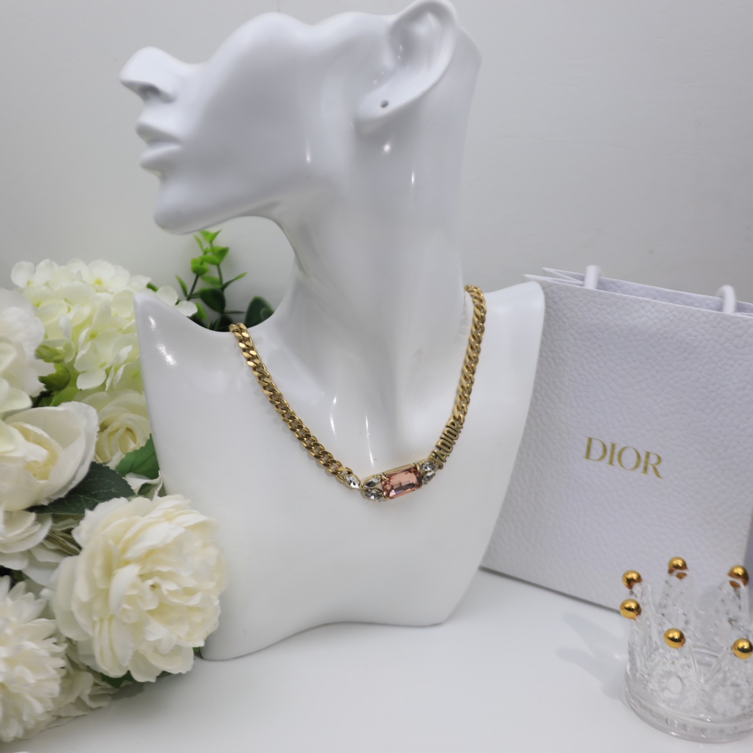 Christian Dior Big Rectangle Twinkle Stone Chain Necklace Gold Tone For Women