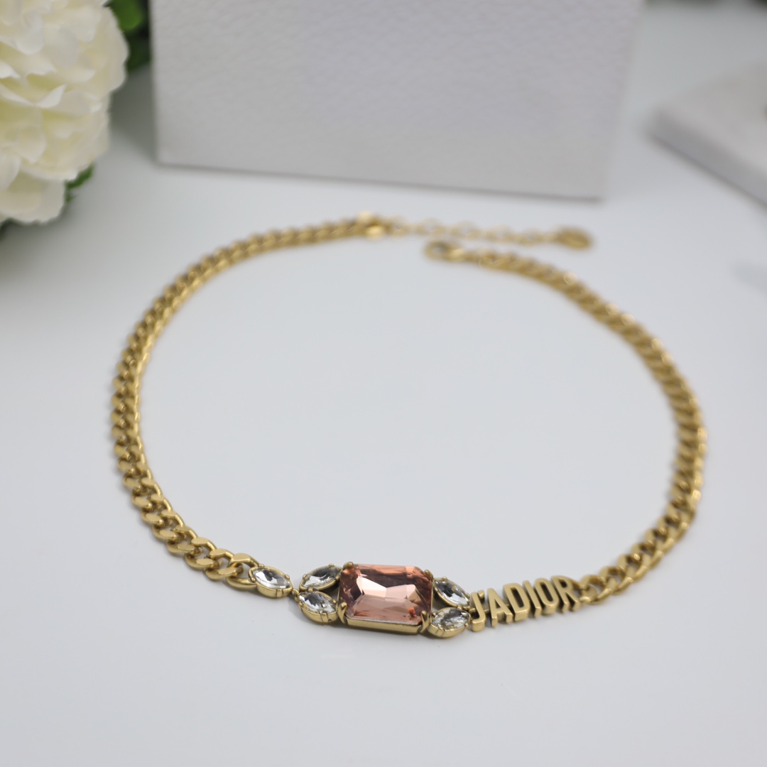 Christian Dior Big Rectangle Twinkle Stone Chain Necklace Gold Tone For Women