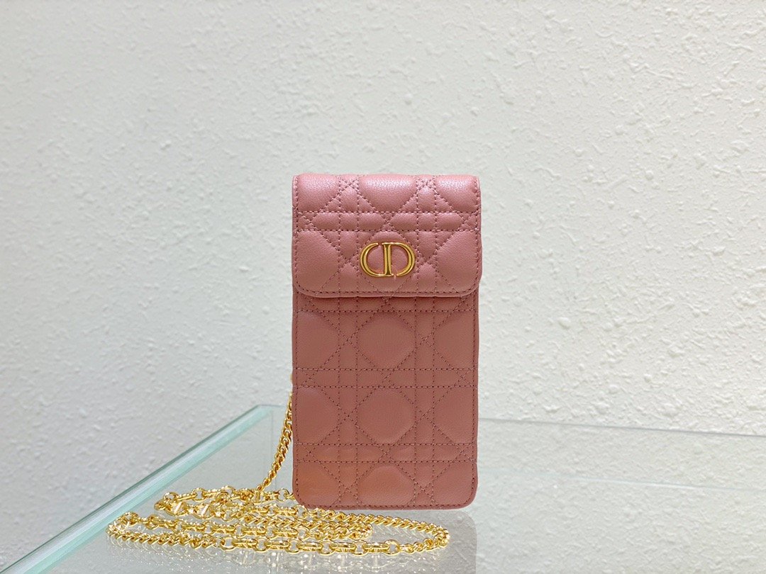 Christian Dior Caro Phone Holder With Chain Pink, For Women, Women’s Handbags 7.5in/18.5cm CDUWHC_M50P