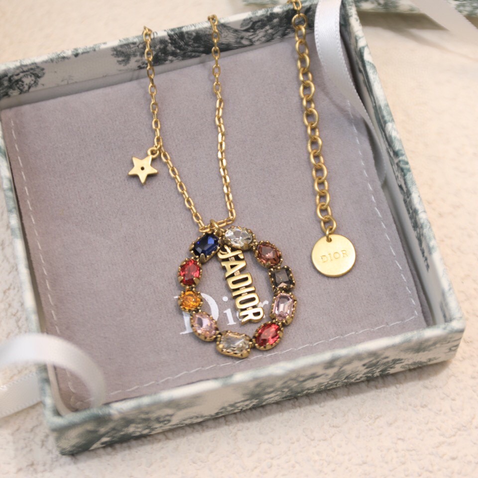 Christian Dior Colorful Twinkle Stones Pendant Necklace Gold Tone For Women