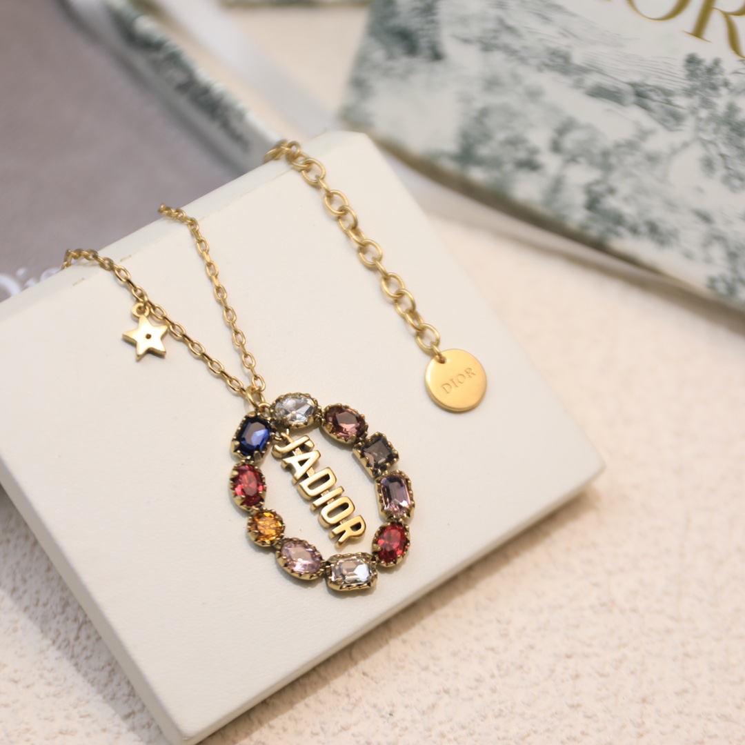 Christian Dior Colorful Twinkle Stones Pendant Necklace Gold Tone For Women