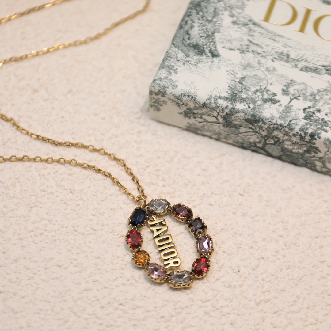 Christian Dior Colorful Twinkle Stones Pendant Necklace Gold Tone For Women