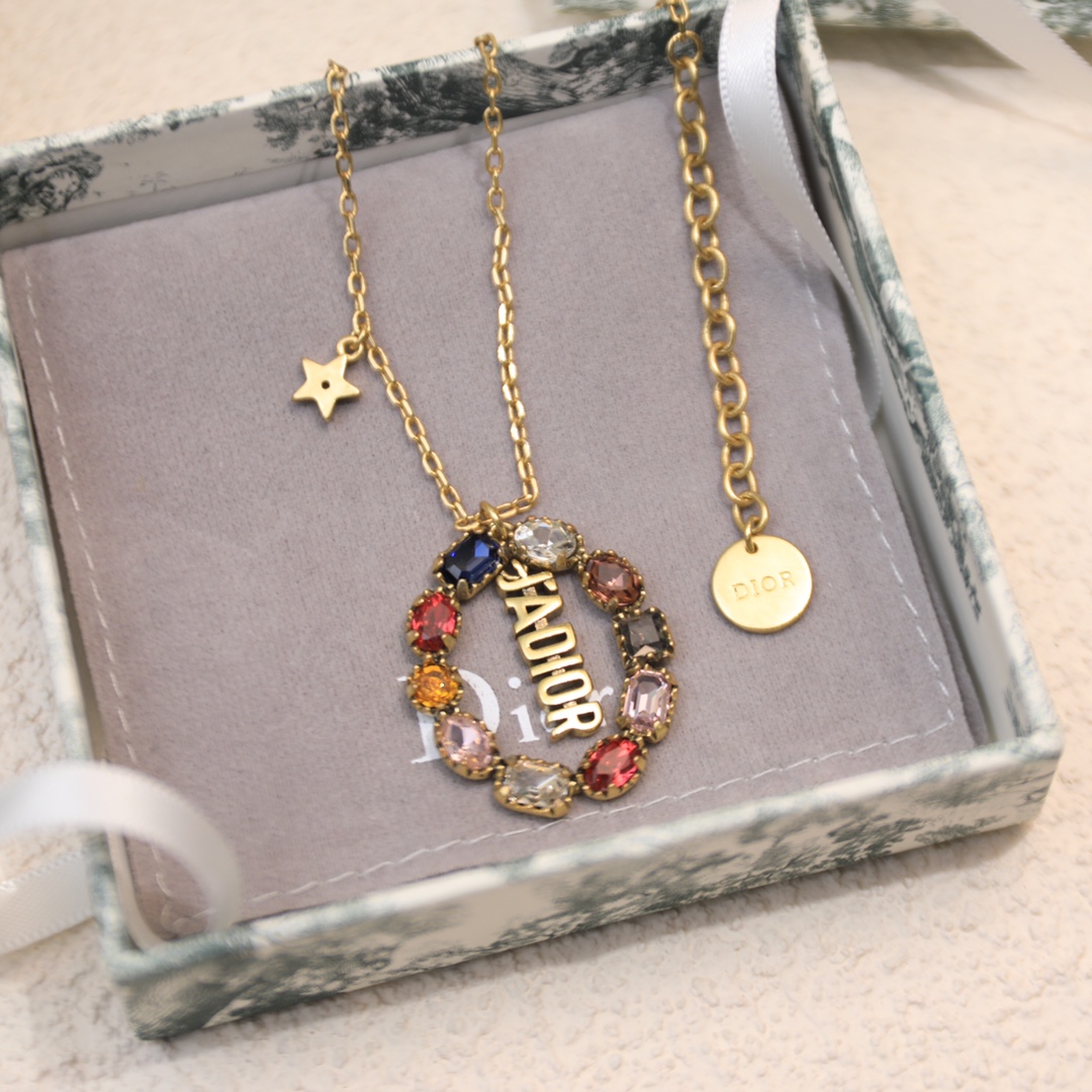 Christian Dior Colorful Twinkle Stones Pendant Necklace Gold Tone For Women