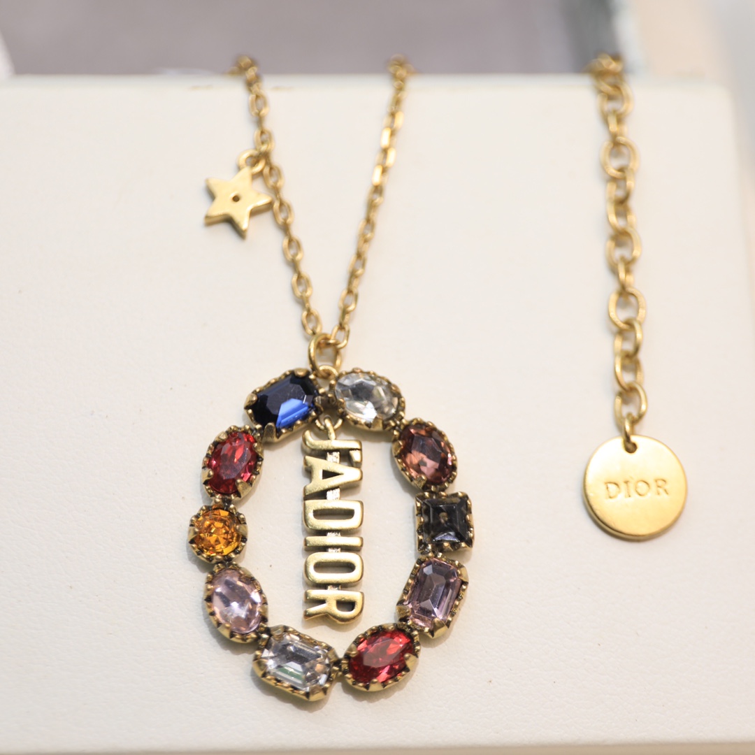 Christian Dior Colorful Twinkle Stones Pendant Necklace Gold Tone For Women