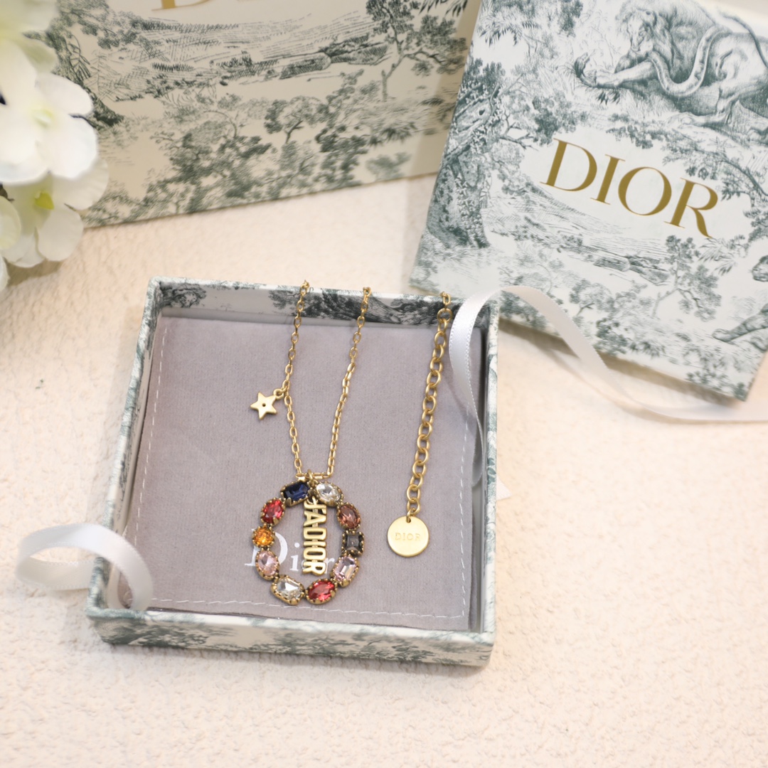 Christian Dior Colorful Twinkle Stones Pendant Necklace Gold Tone For Women