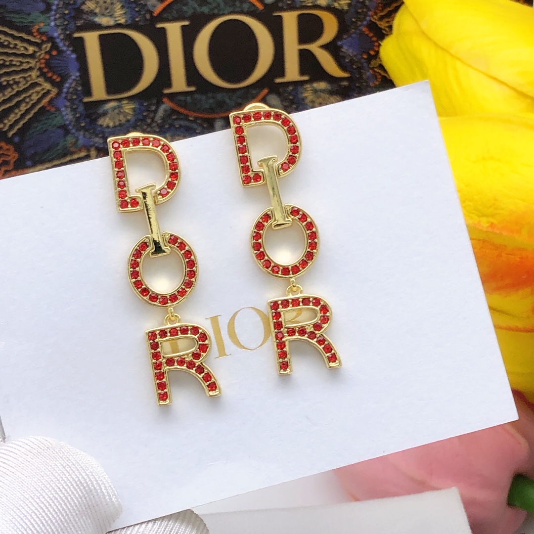 Christian Dior Diamond Tassel Earrings Red For Women