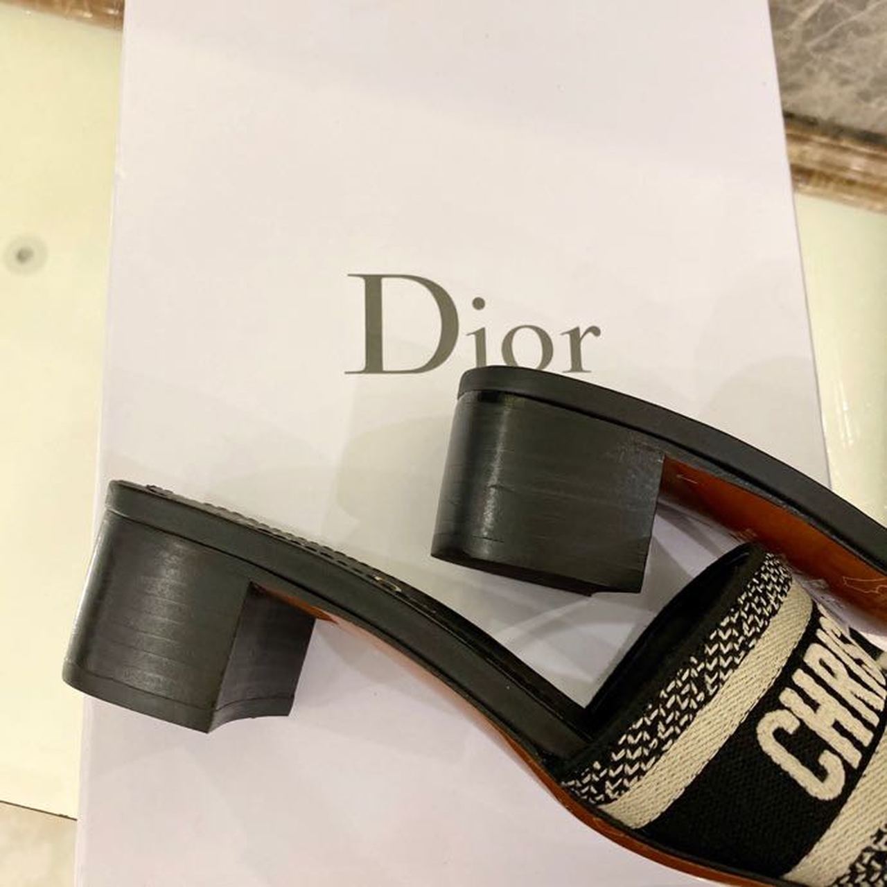Christian Dior Dway Heeled Slide Deep Black Embroidered Cotton Deep  For Women CD KCQ244ERC_S56B