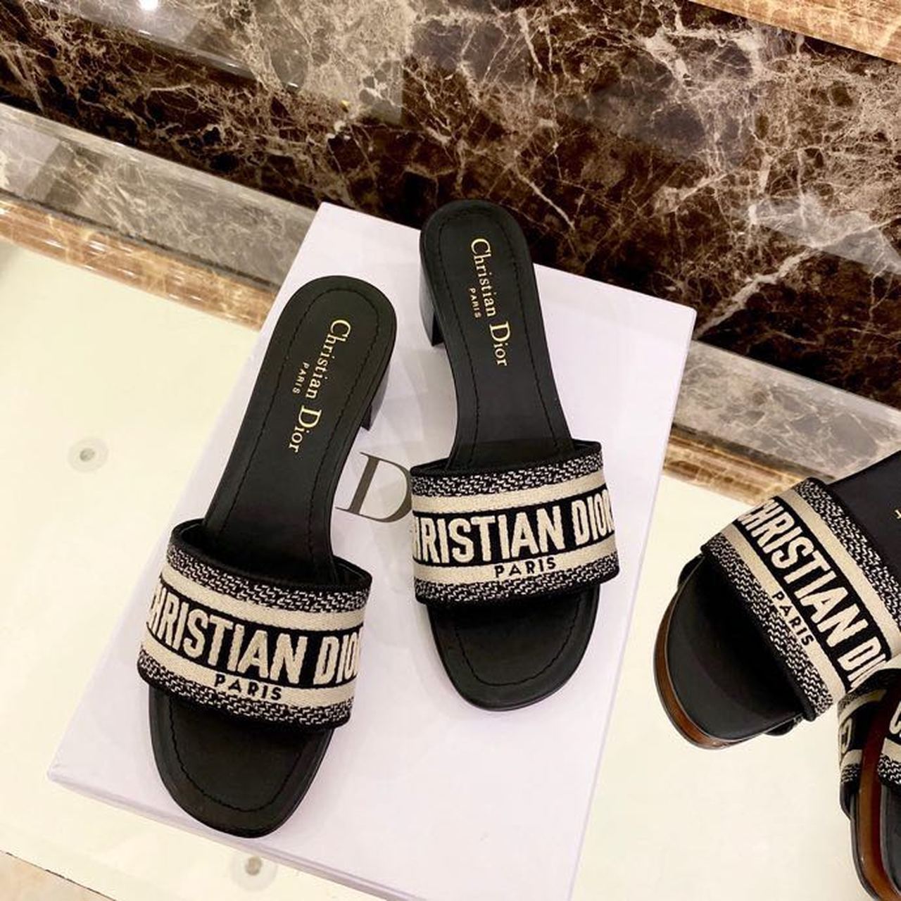 Christian Dior Dway Heeled Slide Deep Black Embroidered Cotton Deep  For Women CD KCQ244ERC_S56B