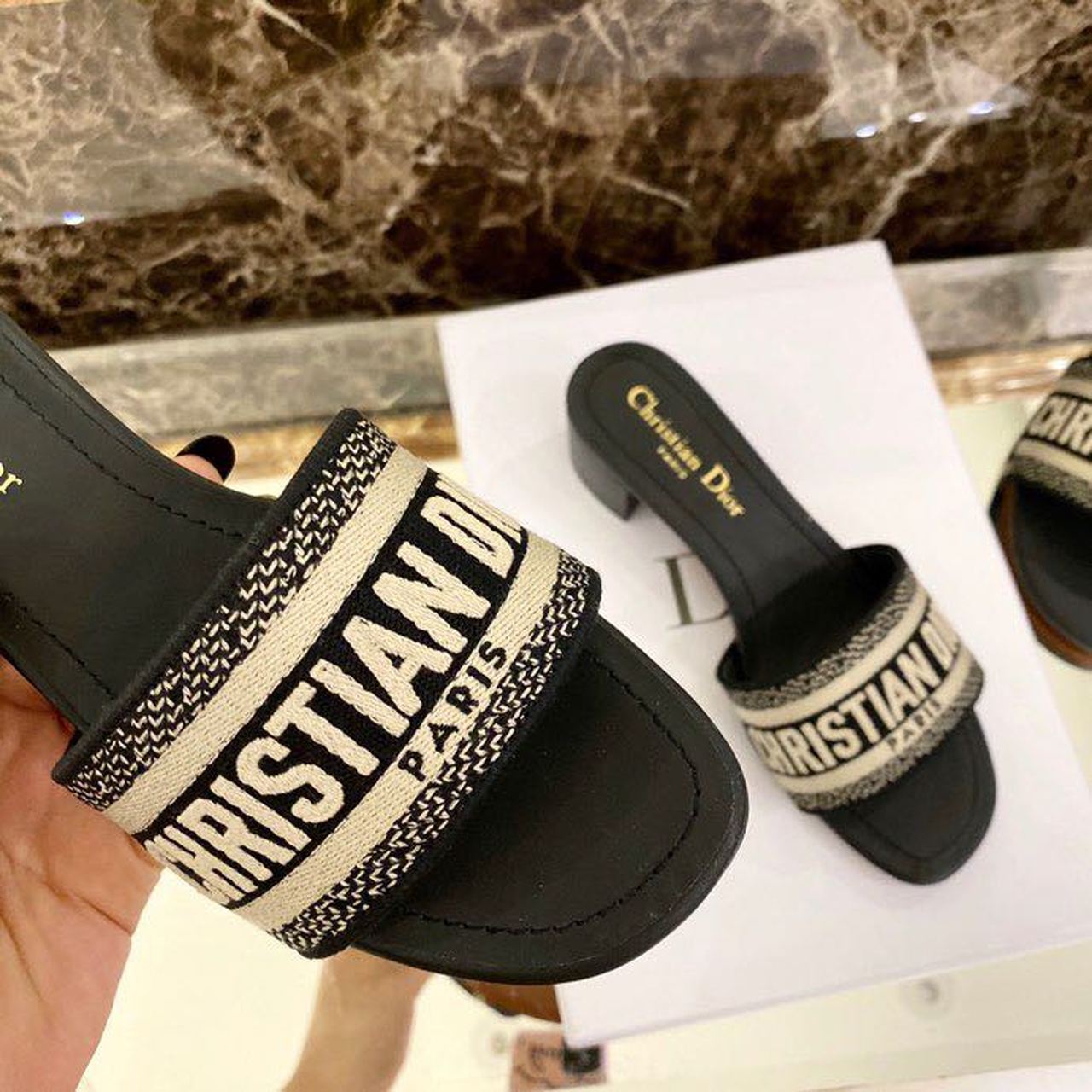 Christian Dior Dway Heeled Slide Deep Black Embroidered Cotton Deep  For Women CD KCQ244ERC_S56B