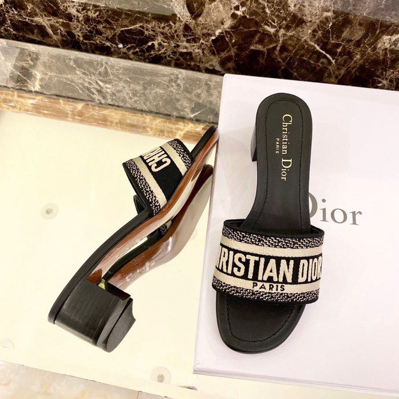 Christian Dior Dway Heeled Slide Deep Black Embroidered Cotton Deep  For Women CD KCQ244ERC_S56B